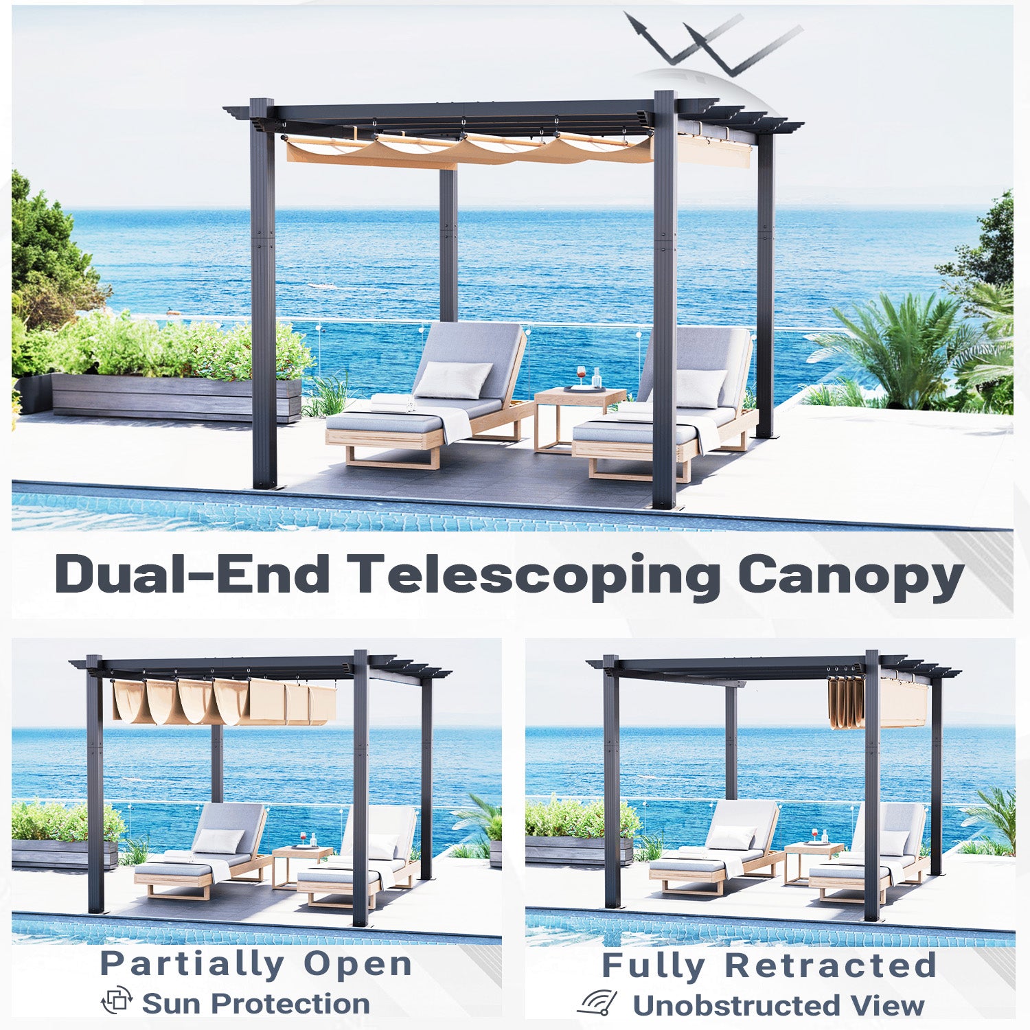 HOMREST Retractable Pergola 10x13 Ft, Outdoor Aluminum Shelter with Dual Adjustable Sun Shade Canopy for Patio Backyard, Locking System Includes Straps & Screws (Khaki)