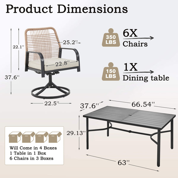 HOMREST 7-Piece Outdoor Dining Set, 6 Swivel Rattan Chairs with Thick Removable Cushions, Rectangular Dining Table with Umbrella Hole