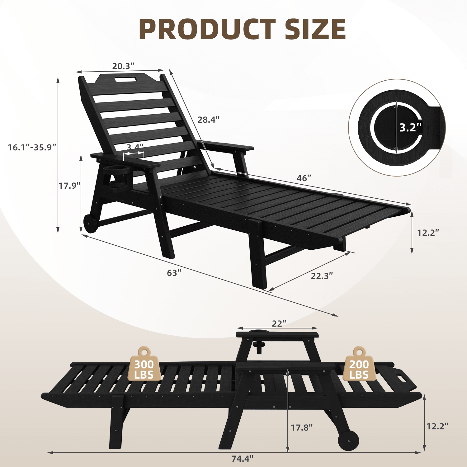 HOMREST 22" W Oversized Chaise Lounge Chairs, Adjustable HDPE Outdoor Chairs with Wheels & Cup Holder, Black