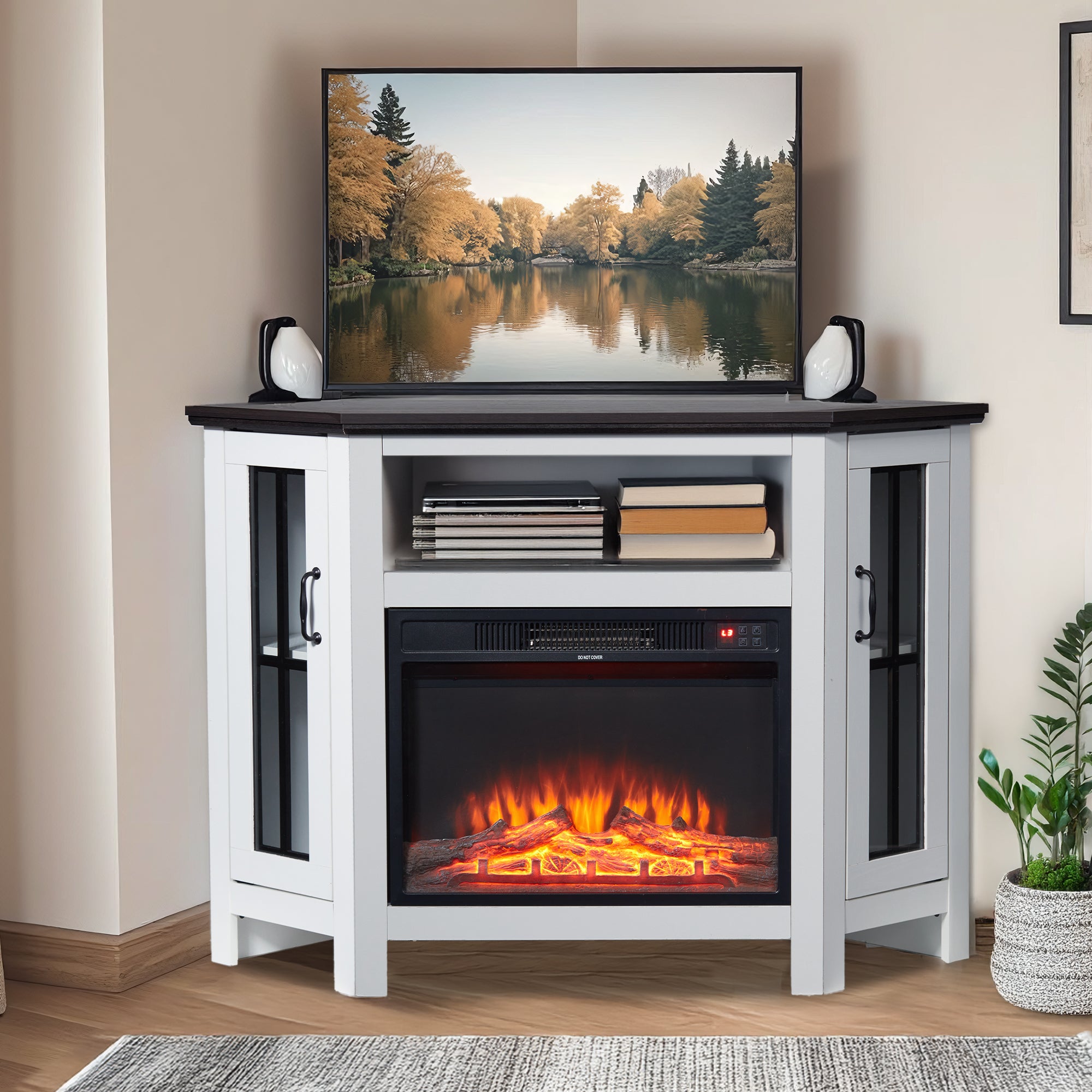 HOMREST 48" Deep Walnut Corner Fireplace Cabinet with 23" Electric Fireplace