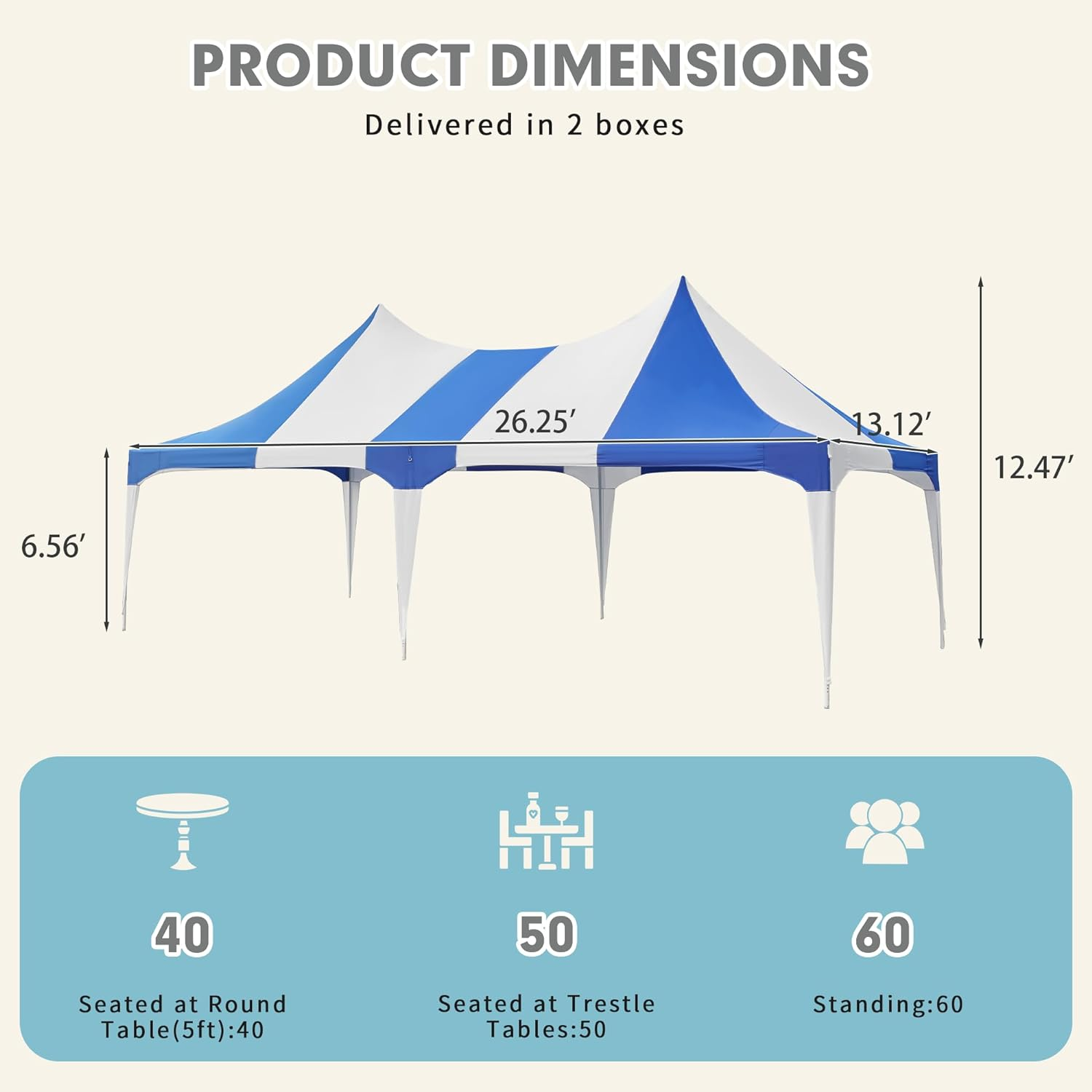 HOMREST 26x13 Party Tent Heavy Duty Wedding Tent Double Peaked Canopy Tent With Pole Less Event Space Tent For Party Event White Blue