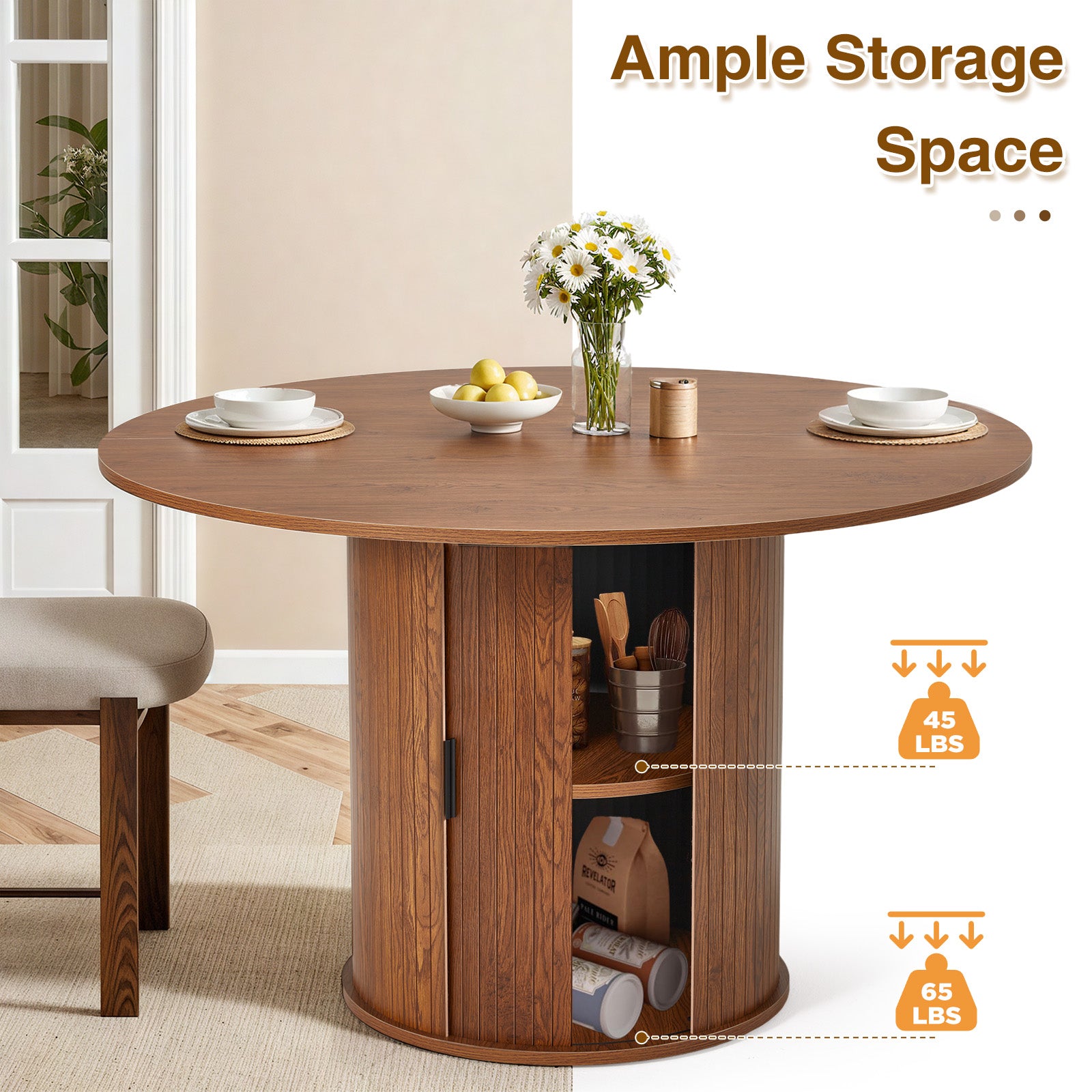 Homrest 47-inch Round Dining Table for 4-6, Farmhouse Circle Kitchen Table with 2-Layer Storage Shelf and Wood Slide Door, Modern Fluted Design Wooden Dining Desk for Dining Room, Brown