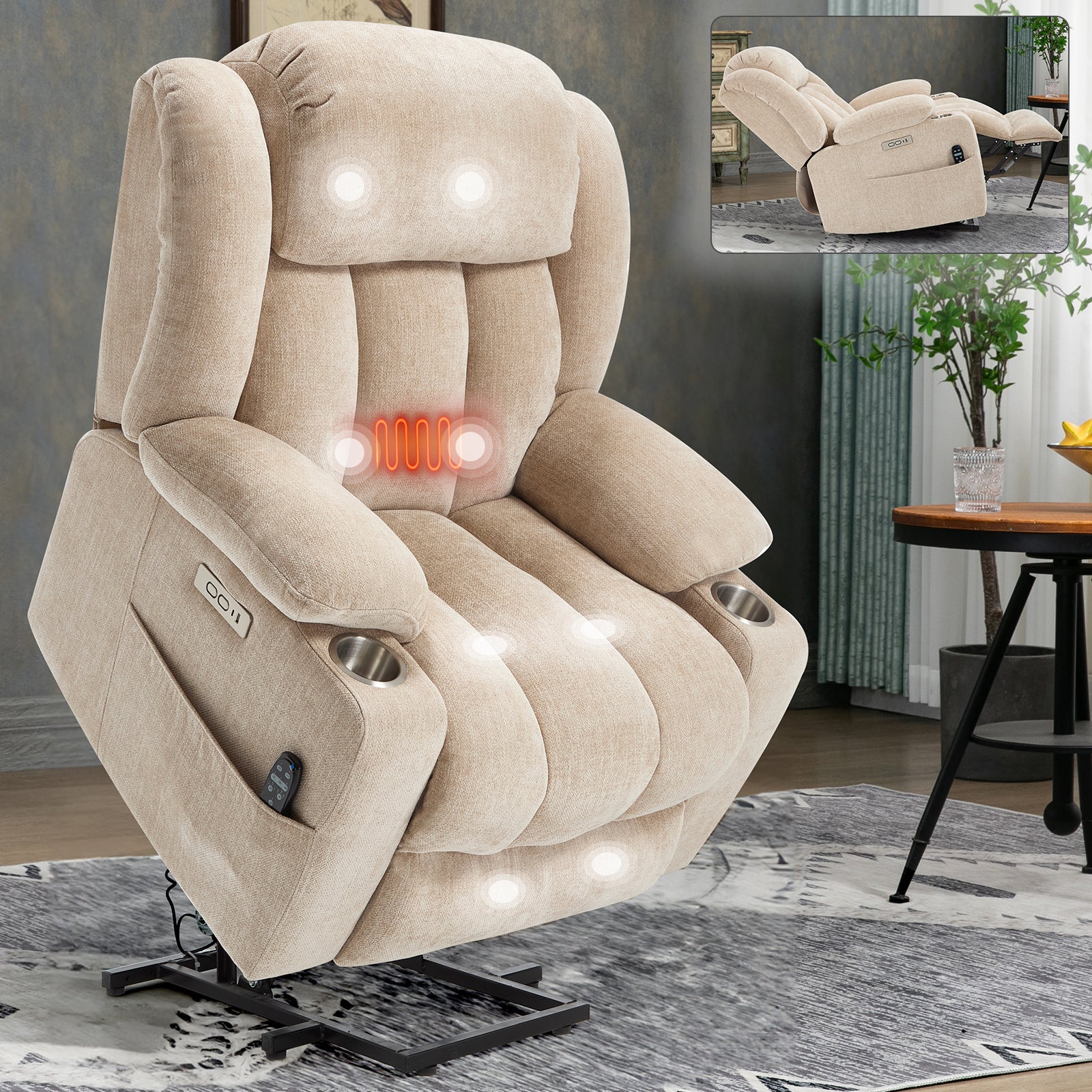 Homrest Premium Electric Recliner Chair with 8-Point Massage & Heating, Plush Chenille Fabric, Brown