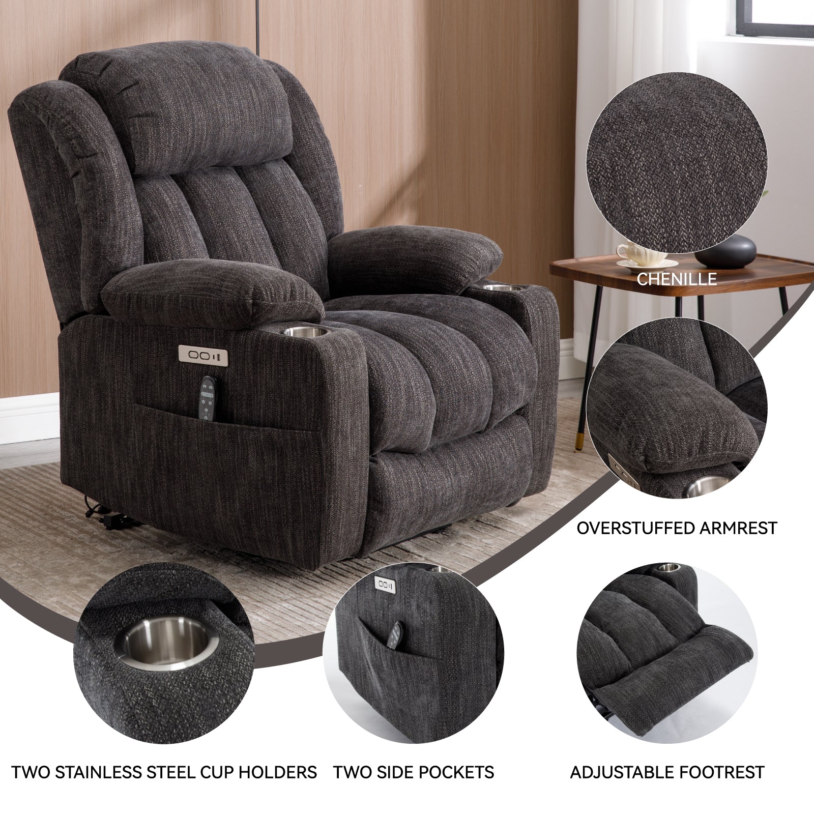 Homrest Premium Electric Recliner Chair with 8-Point Massage & Heating, Plush Chenille Fabric, Dark Gray