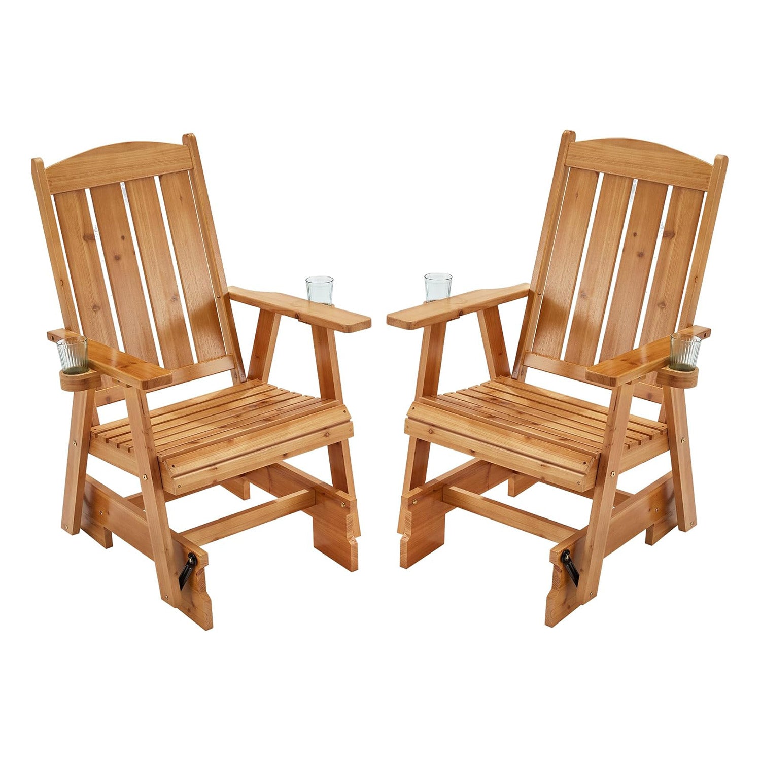 Homrest Set of 2 Wooden Patio Glider Chairs with Cup Holders, Heavy Duty 700 lbs