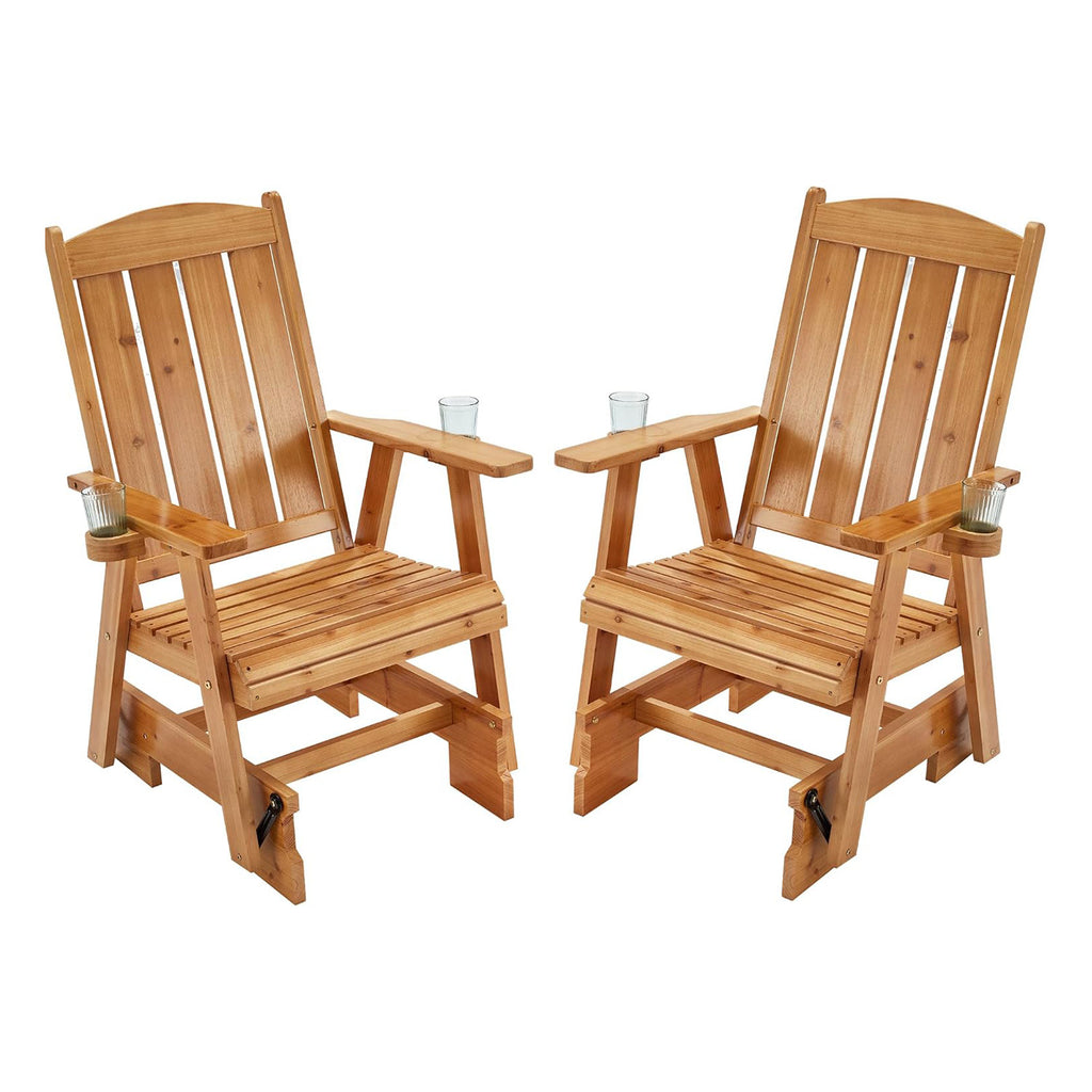 Homrest Set of 2 Wooden Patio Glider Chairs with Cup Holders, Heavy Duty 700 lbs