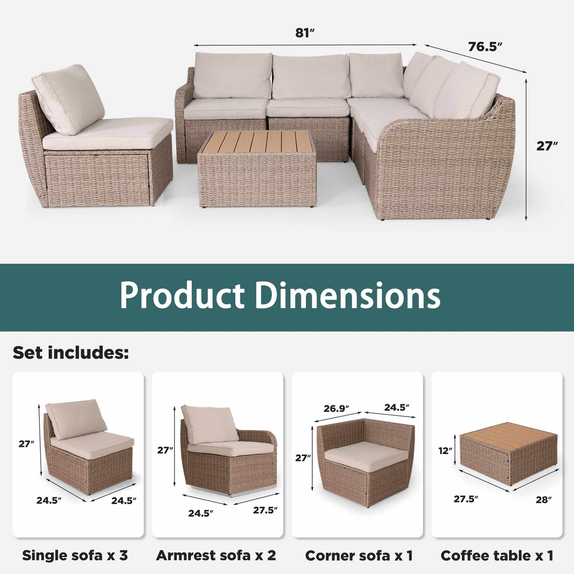 Dimensions of Homrest 7 pieces patio furniture set, outdoor conversation set, khaki