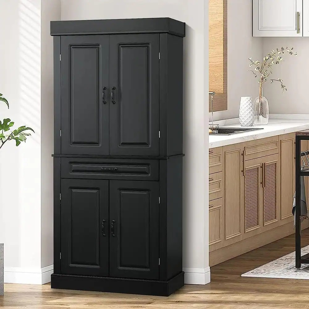 HOMREST 71 inch Freestanding Kitchen Pantry Cabinet, Tall Storage Cabinet with Drawer and Adjustable Shelves, 2-Door Floor Cupboard, Black