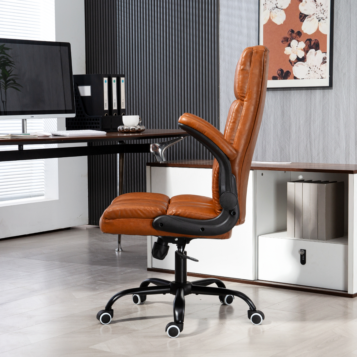 HOMREST Executive Office Chair, PU Leather Ergonomic Comfy Desk Chair, Brown