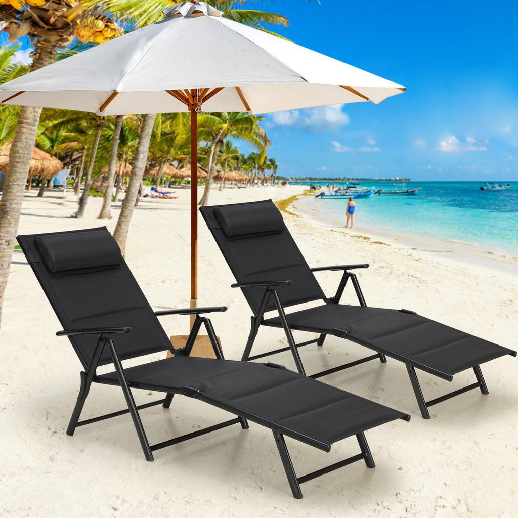Set of 2 Outdoor Folding Lounge Chairs with 7-Position Adjustable Backrest for Poolside,Black