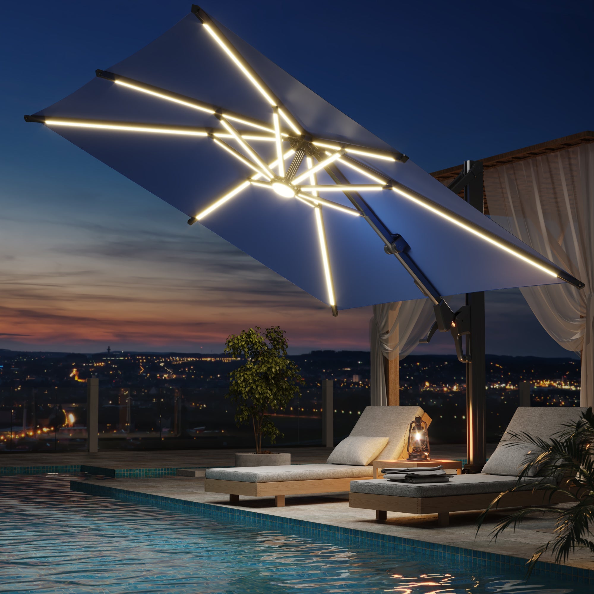 HOMREST 10 X 10 Outdoor Weather-resistant Umbrella with LED Lighting(Base Excluded)  - Navy