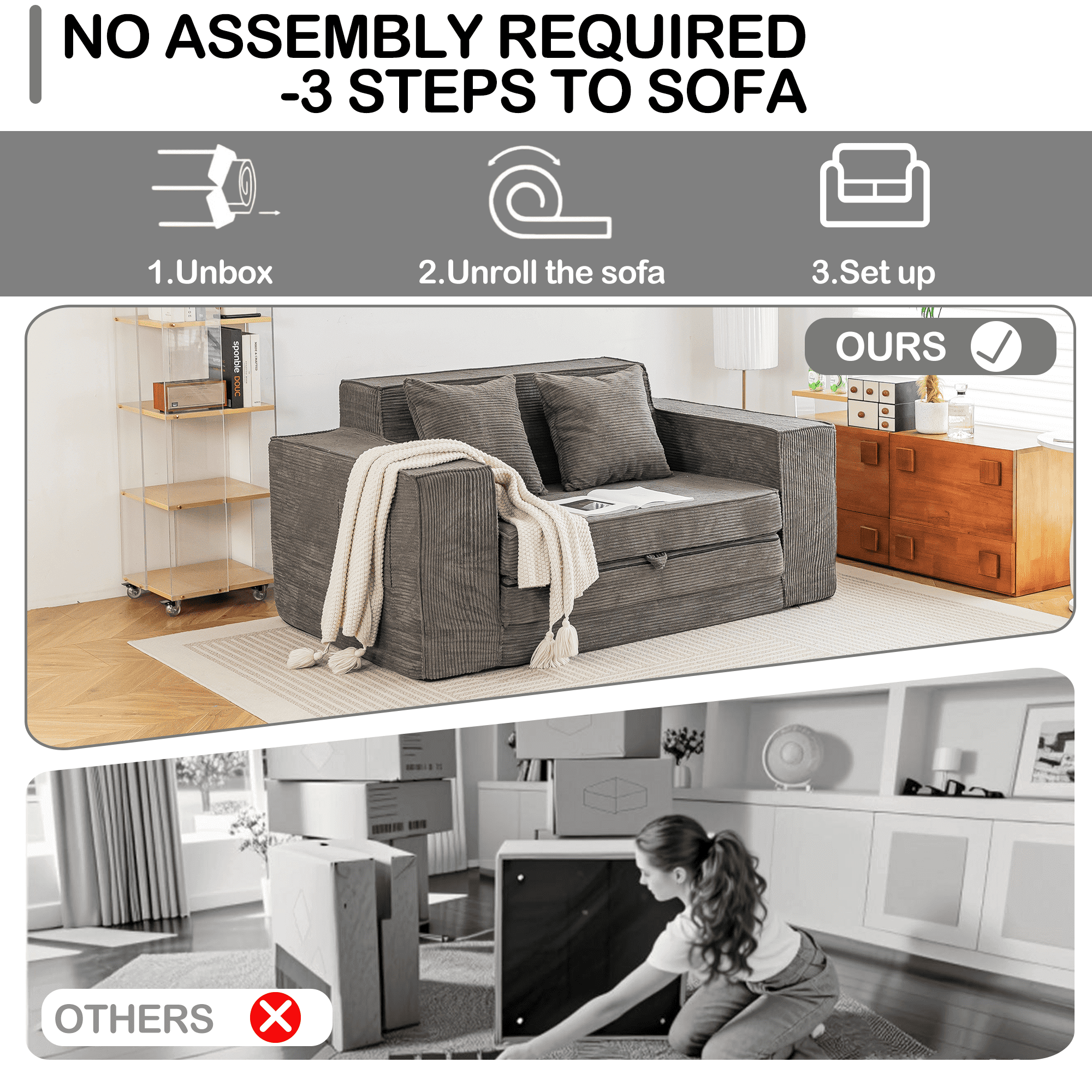 HOMREST 63 inch Convertible Memory Foam Loveseat Sofa, Pull Out Sleeper Sofa Bed, 2 in 1 Upholstered Boneless Couch with 2 Pillows for Living Room Bedroom Lounge, Grey
