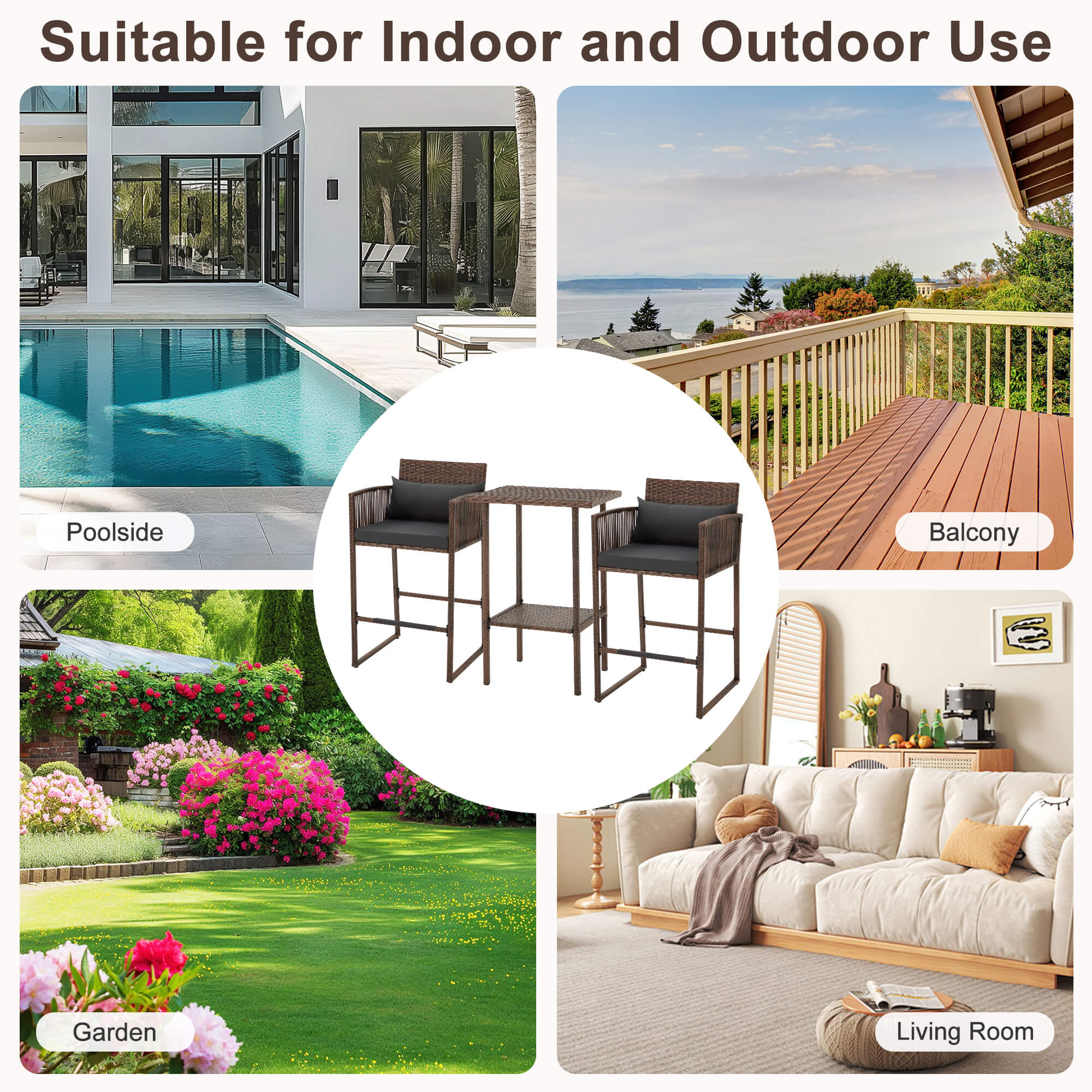 HOMREST 3-Piece Patio Wicker Bar Set, Rattan Bar Table & Stools with Cushion Covers (Blue/Gray)