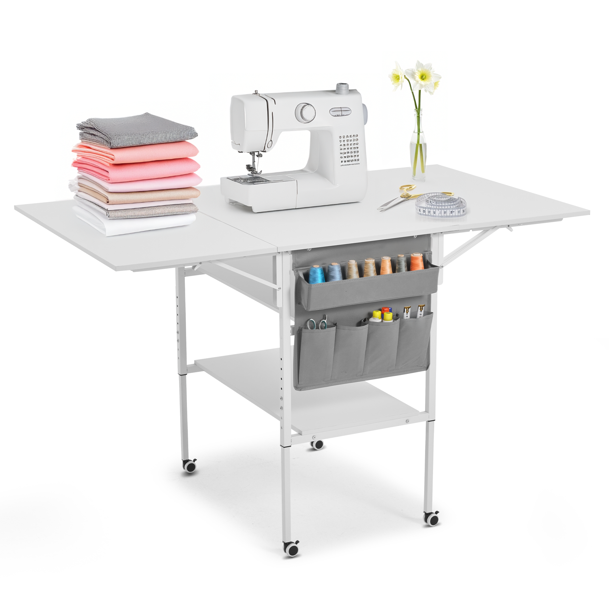 HOMREST Height Adjustable Craft Table with Storage Shelves, Mobile Folding Cutting Table for Large Fabric, Foldable Sewing Desk for Home Office Sewing Room Craft Room