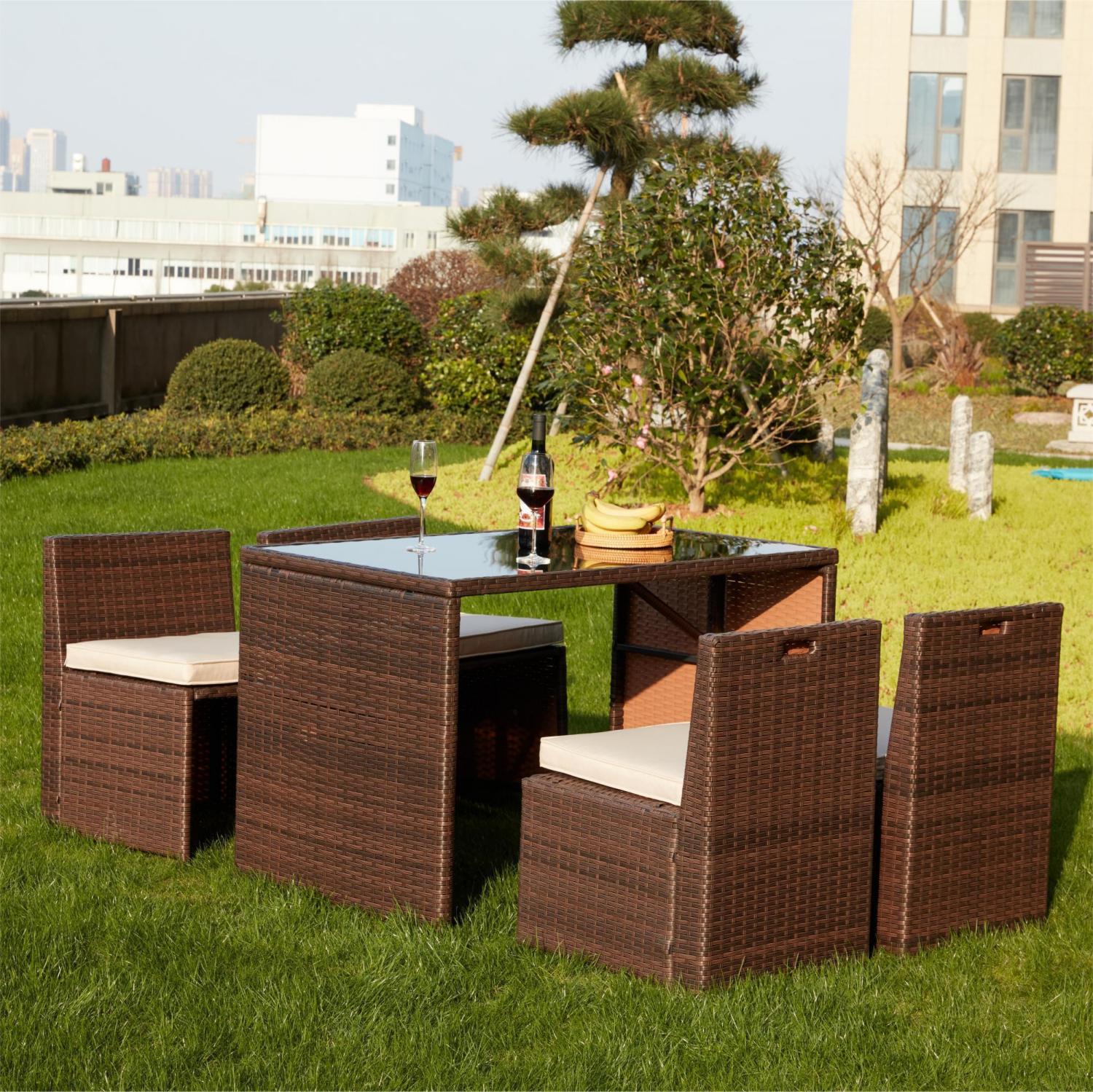 Homrest 5 pcs outdoor dining set with chairs and table for porch, garden and poolside, brown