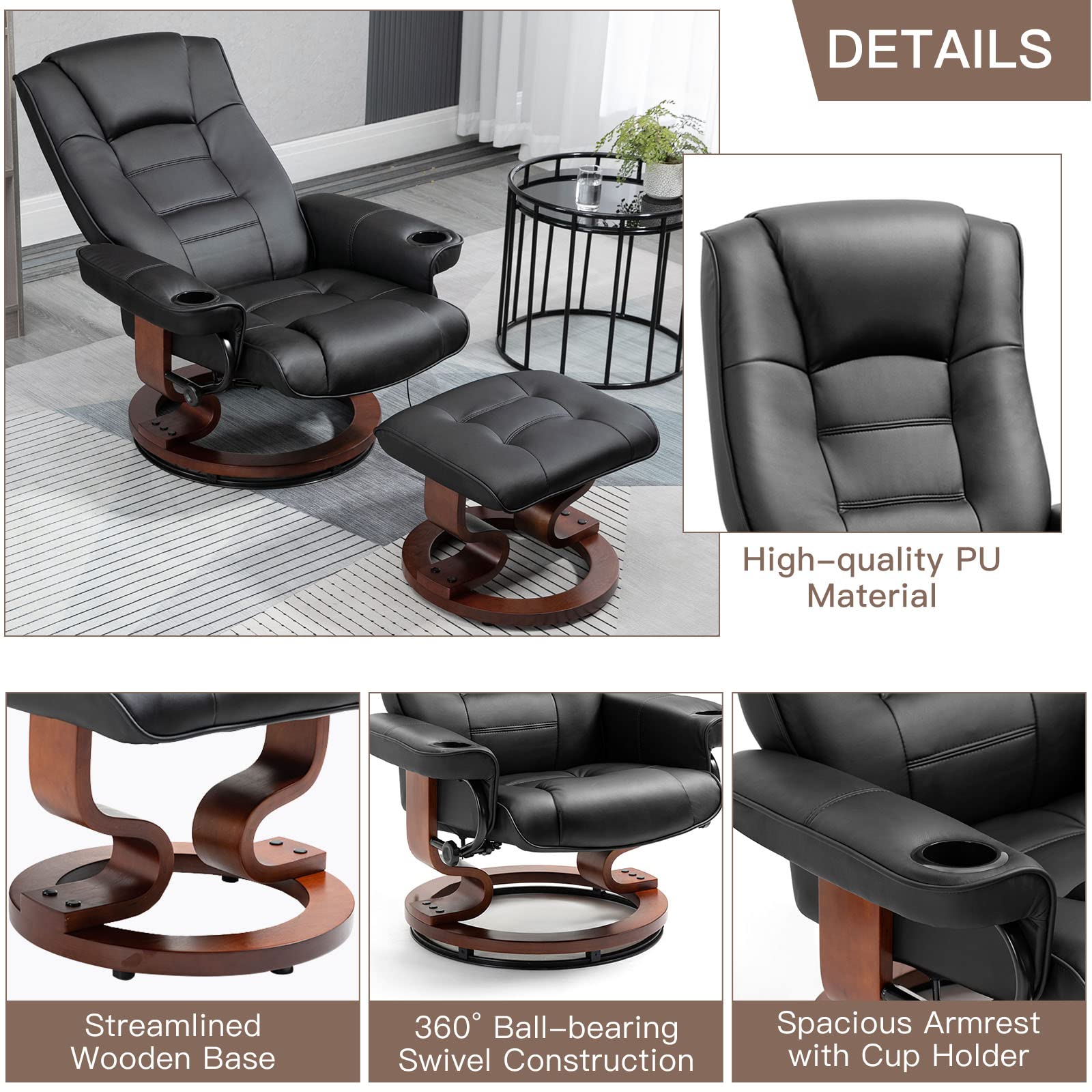 Homrest Recliner with Ottoman, Wood Base & Adjustable Back, Faux Leather Swivel Reclining Chair with Footrest for Living Room and Bedroom, Black