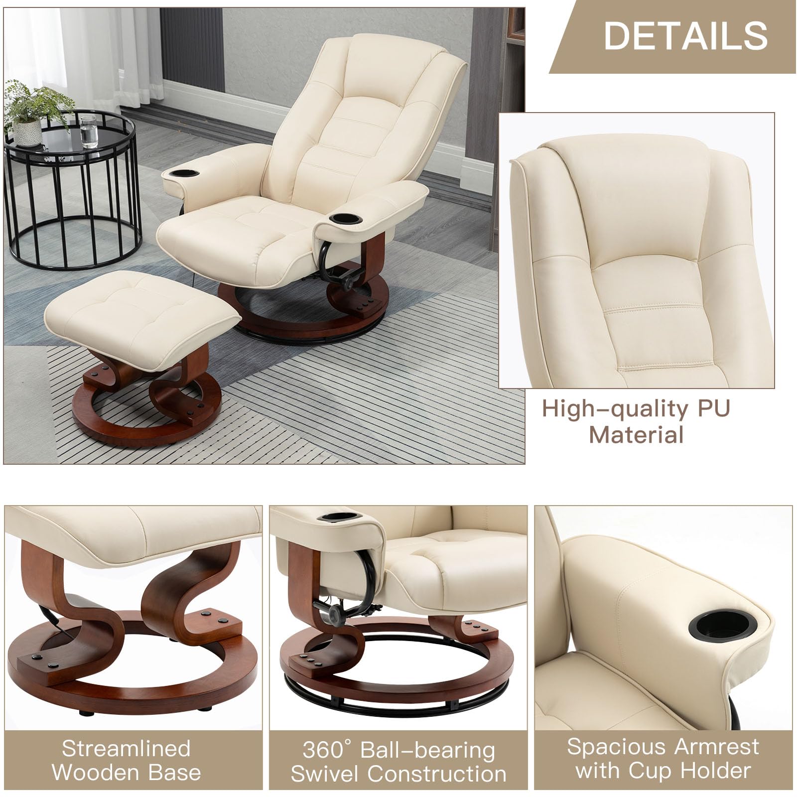 Homrest Reclining Chair with Vibration Massage Faux Leather Recliner with Ottoman Swivel Wood Recliner Chairs for Living Room, Beige