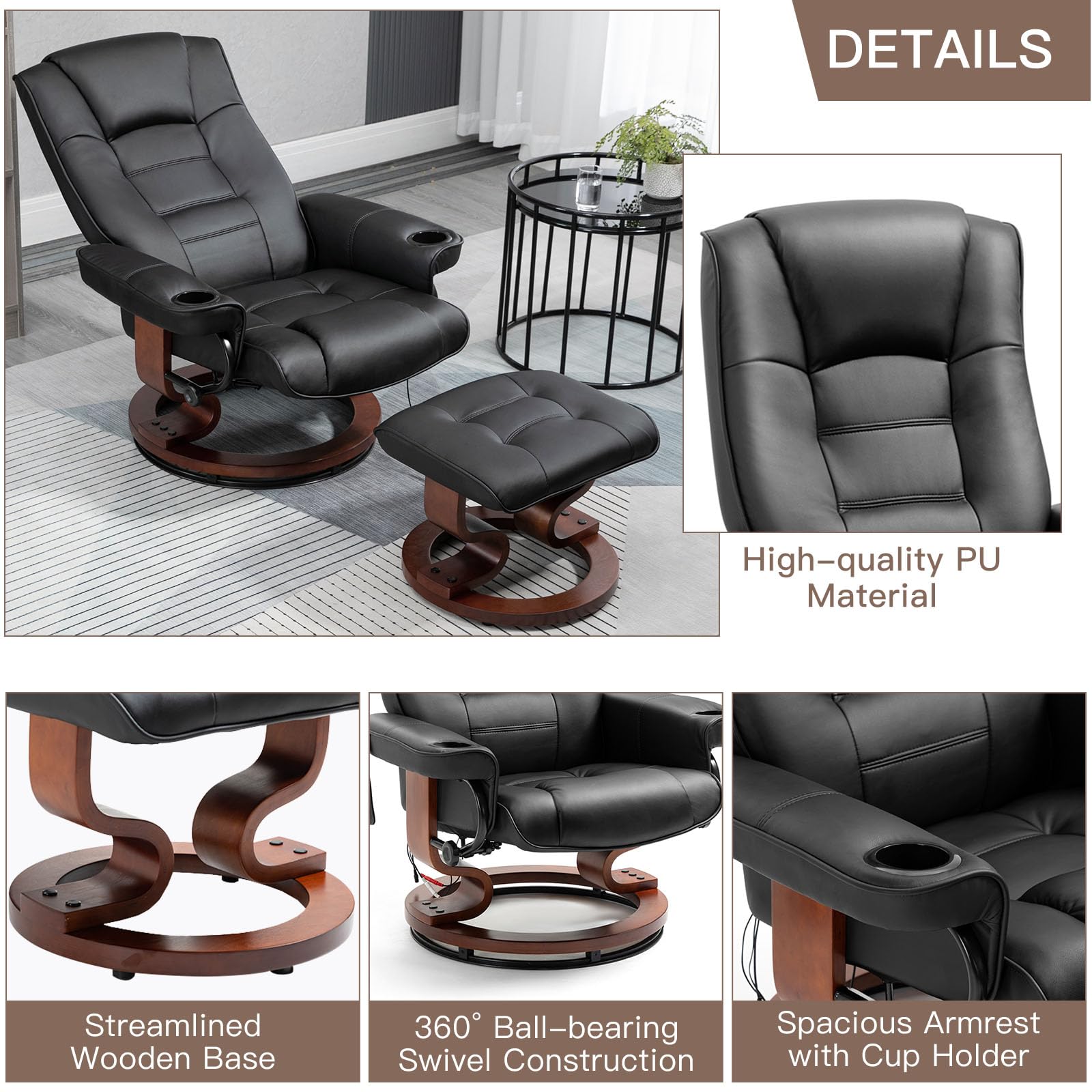 Homrest Reclining Chair with Vibration Massage Faux Leather Recliner with Ottoman Swivel Wood Recliner Chairs for Living Room, Black