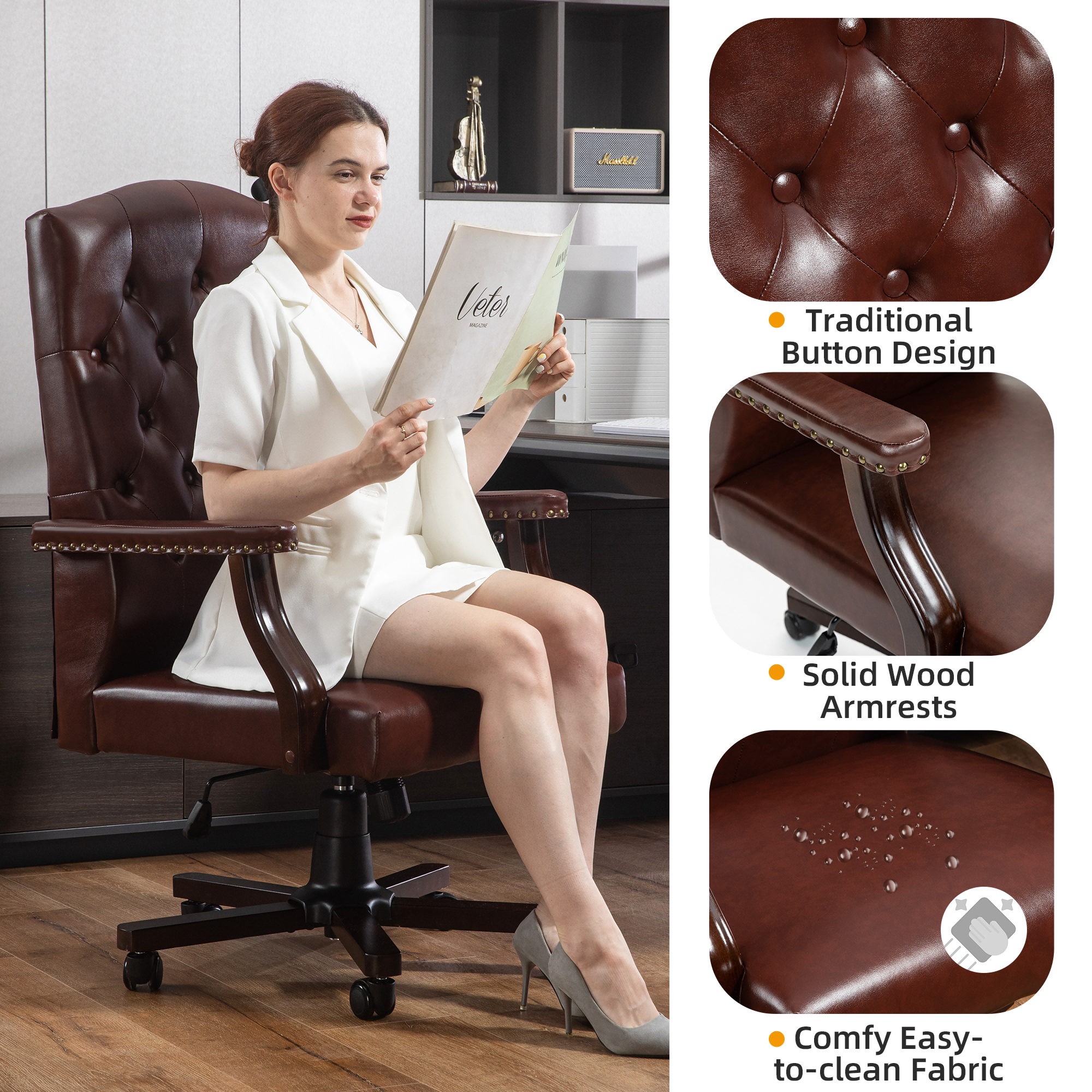 Homrest Executive Wingback Office Chair – Vintage Faux Leather, High-Back Swivel Design – Brown
