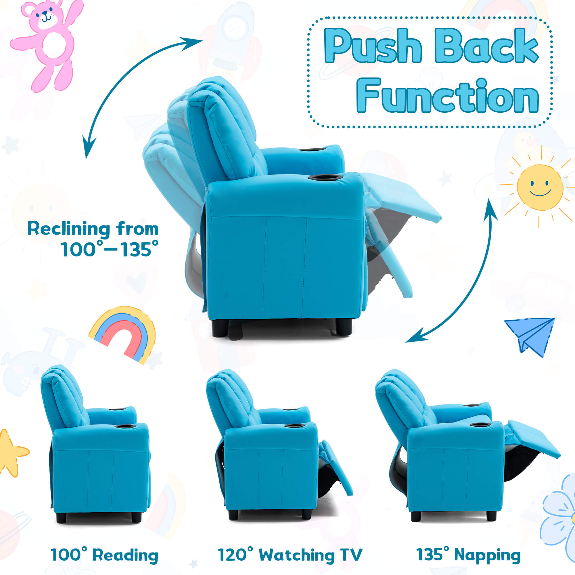 HOMREST Kids Recliner Chair, Double Kids Sofa Chair w/Cup Holder PU Leather, Toddler Loveseat Couch w/Adjustable Footrest & Headres for Boys Girls 3+ Age Group, Blue