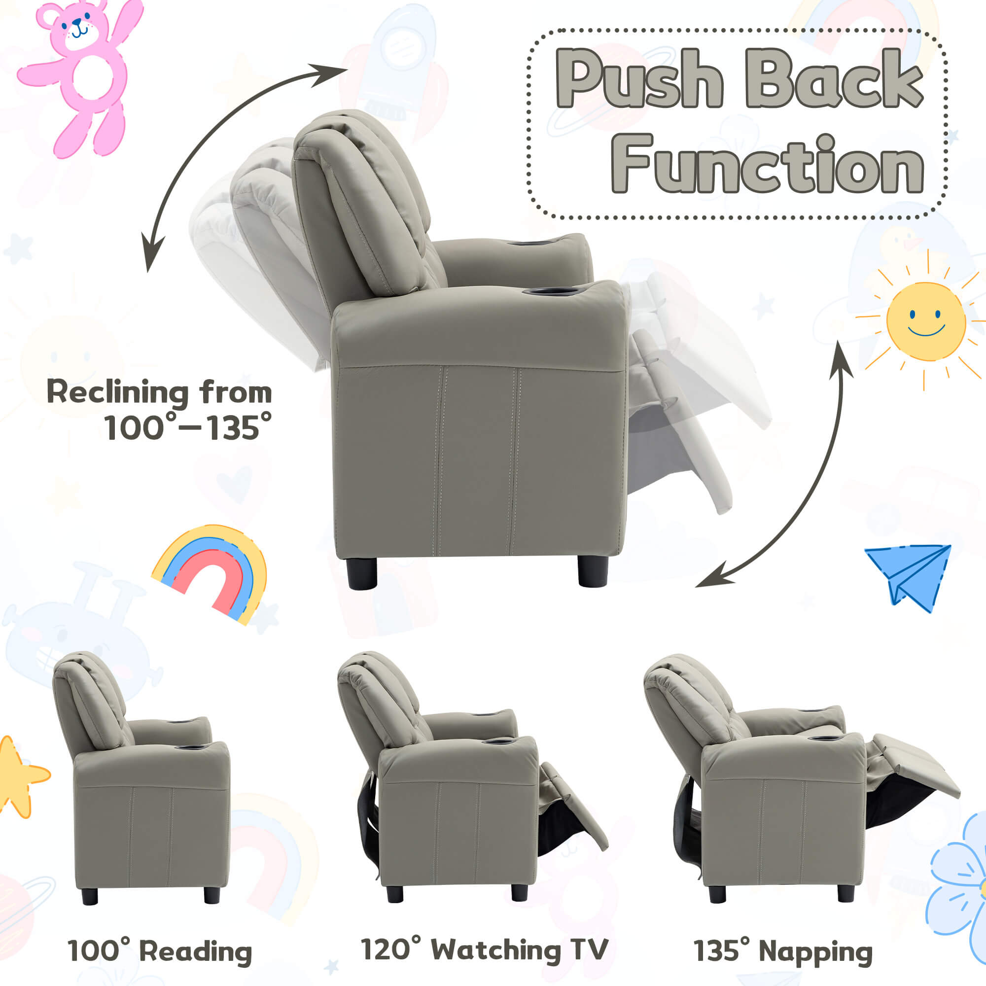 HOMREST Kids Recliner Chair, Double Kids Sofa Chair w/Cup Holder PU Leather, Toddler Loveseat Couch w/Adjustable Footrest & Headres for Boys Girls 3+ Age Group, Grey
