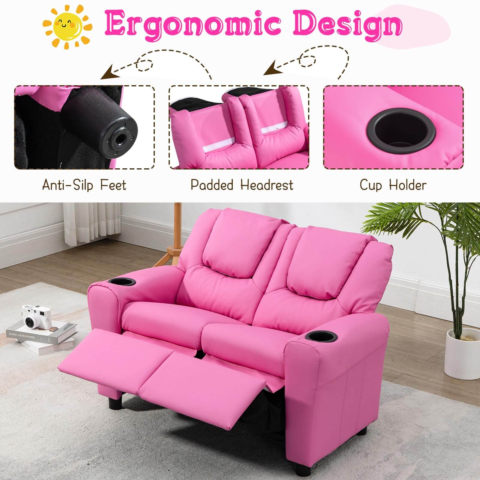 HOMREST Kids Recliner Chair, Double Kids Sofa Chair w/Cup Holder PU Leather, Toddler Loveseat Couch w/Adjustable Footrest & Headres for Boys Girls 3+ Age Group, Pink