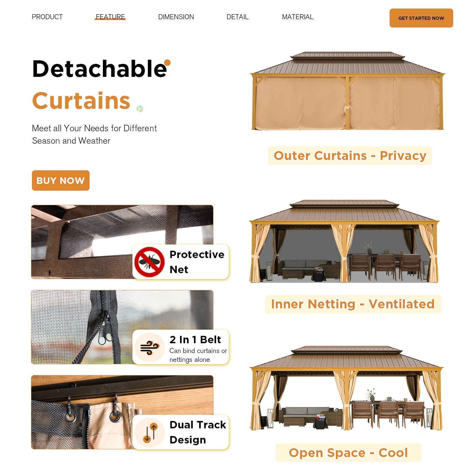 Product page for detachable curtains with images and text on a white background