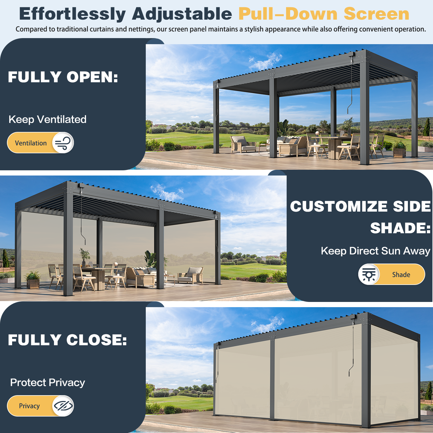 HOMREST 10x20FT Louvered Pergola with 6-Panel Pull-Down Screen, Dark Gray