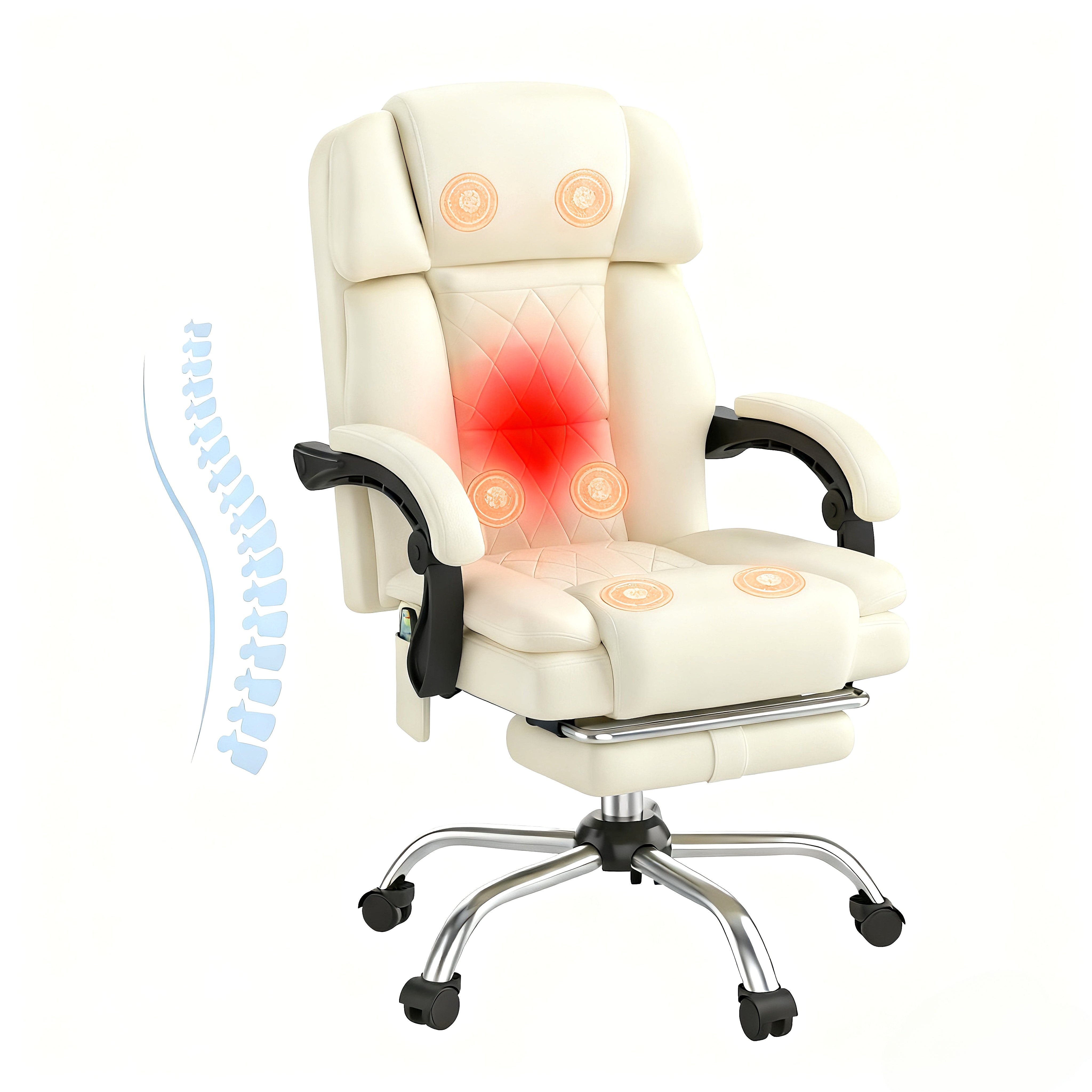 HOMREST 6-Point Massage Office Chair with Heat, Ergonomic Reclining Desk Chair with Footrest, PU Leather Executive Chair for Home Office,Comfortable Computer Chair Gift for Women, Off White