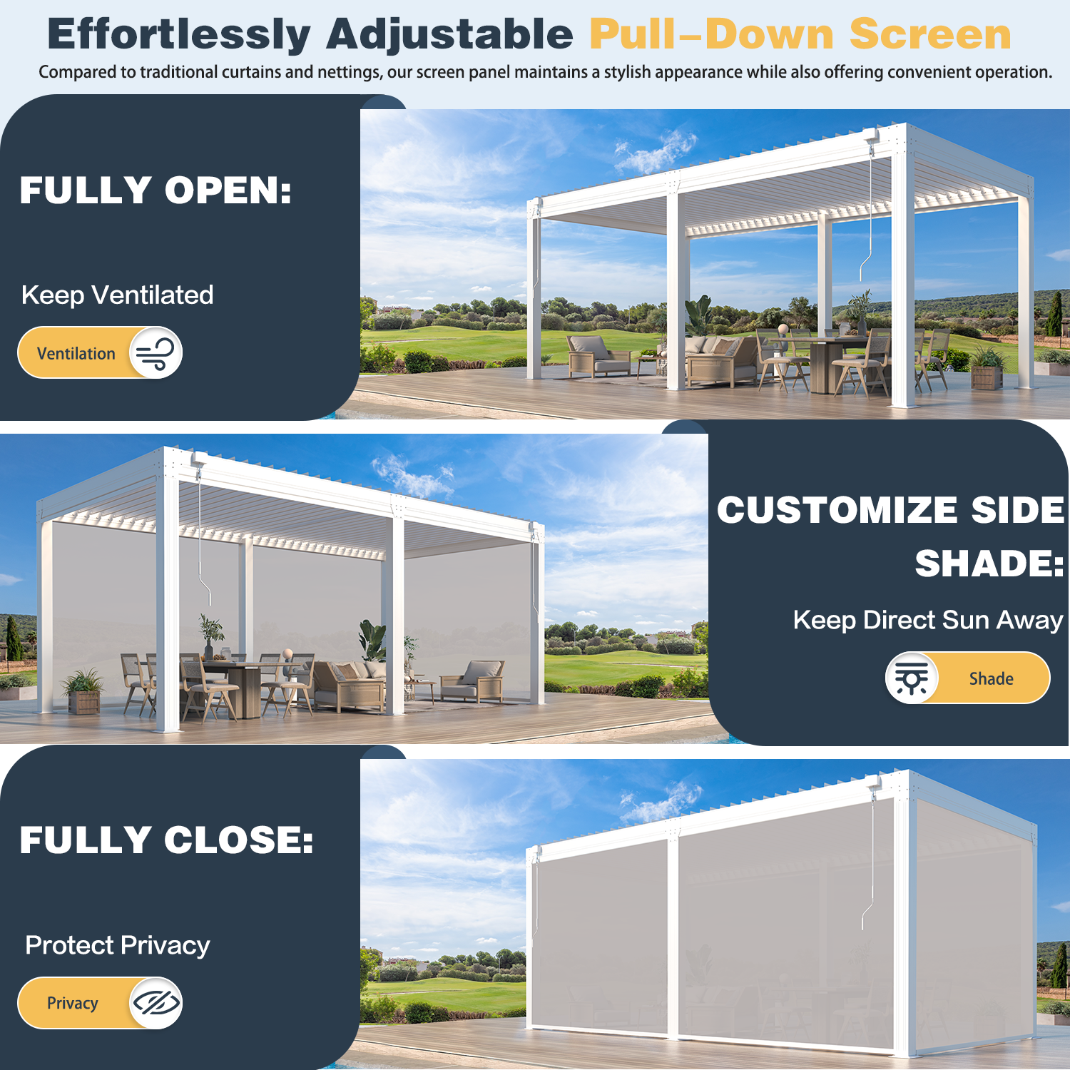 HOMREST 10x20FT Louvered Pergola with 6-Panel Pull-Down Screen, White
