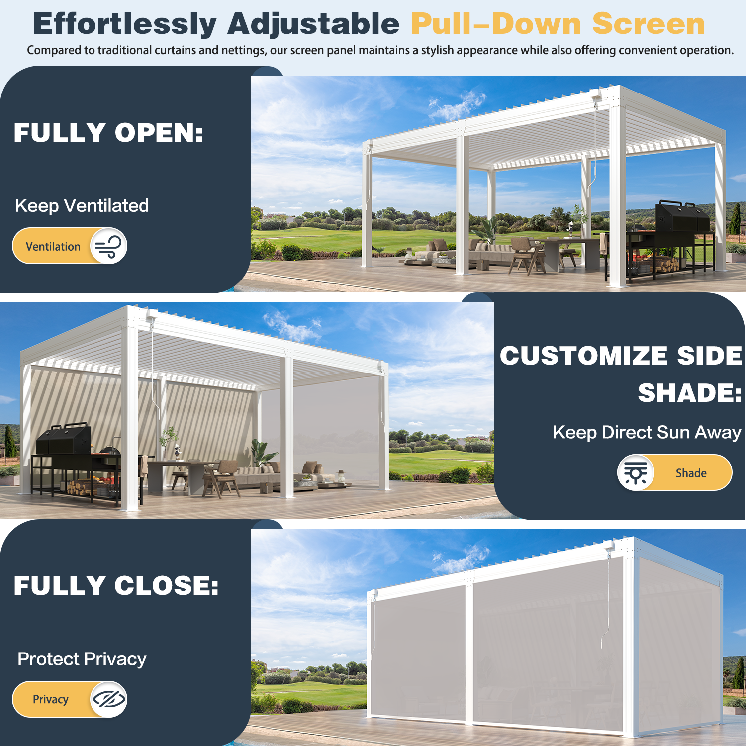 HOMREST 12x20ft Louvered Pergola with 6-Panel Pull-Down Screen, White