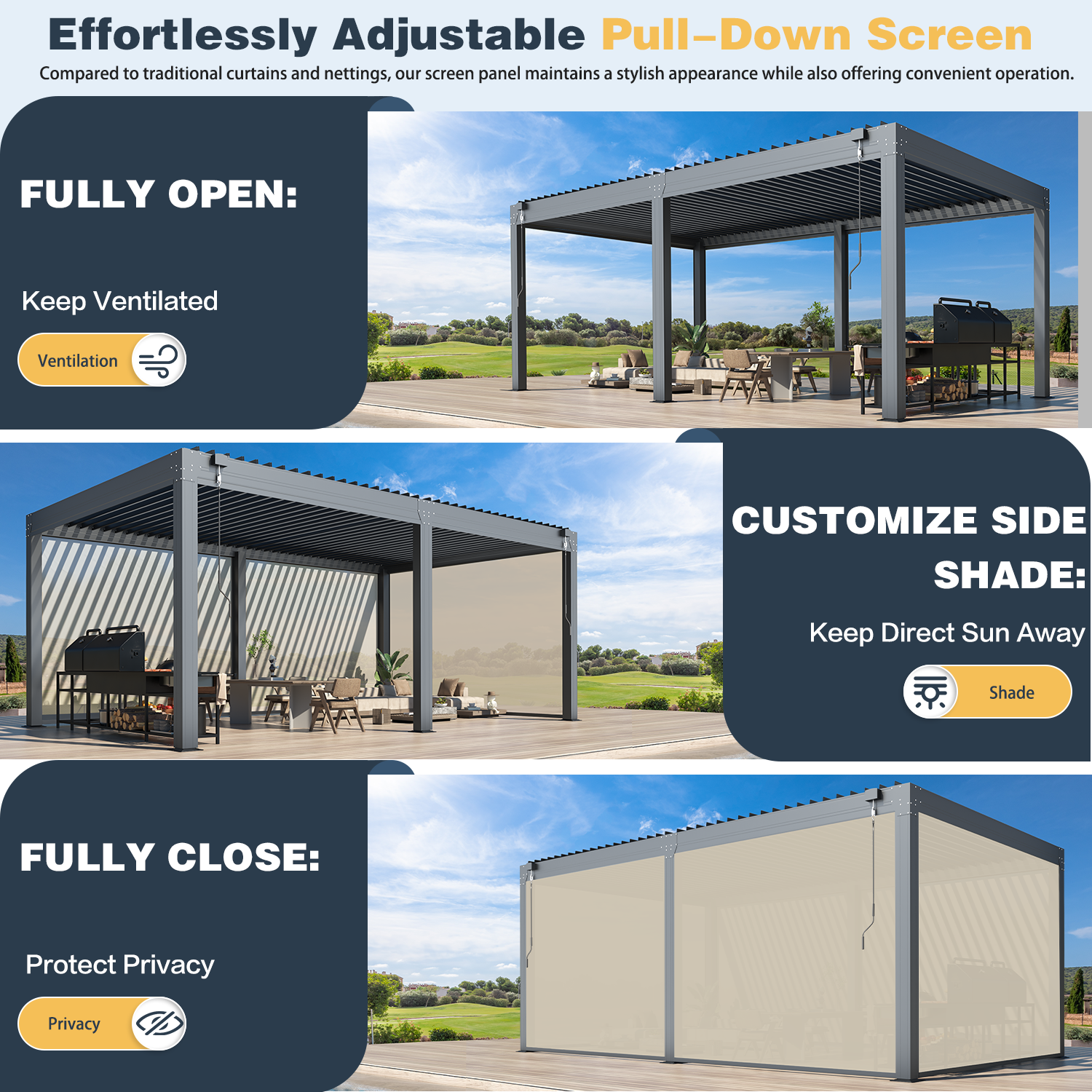 HOMREST 12x20FT Louvered Pergola with 6-Panel Pull-Down Screen, Dark Gray