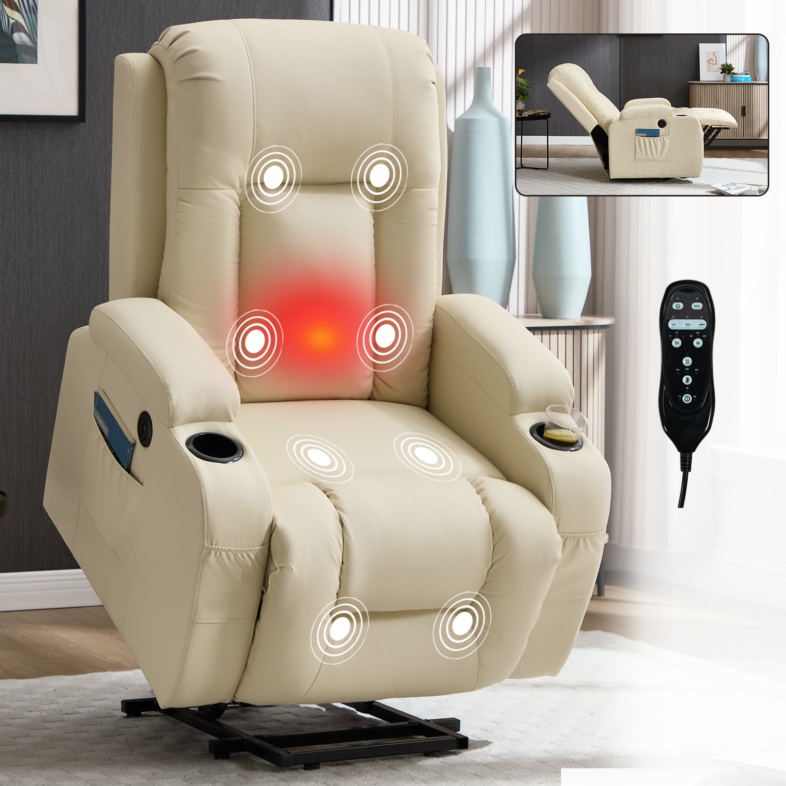 HOMREST PU Infinite Position Power Lift Recliner Chair for Elderly, 8-Point Massage & Heating, Beige