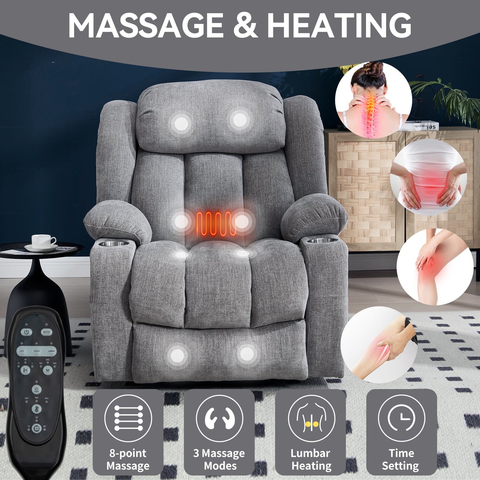 Homrest Premium Electric Recliner Chair with 8-Point Massage & Heating, Plush Chenille Fabric, Gray