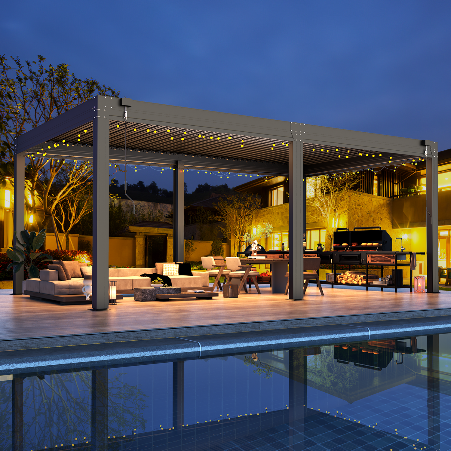 HOMREST 12x20FT Louvered Pergola with 6-Panel Pull-Down Screen, Dark Gray