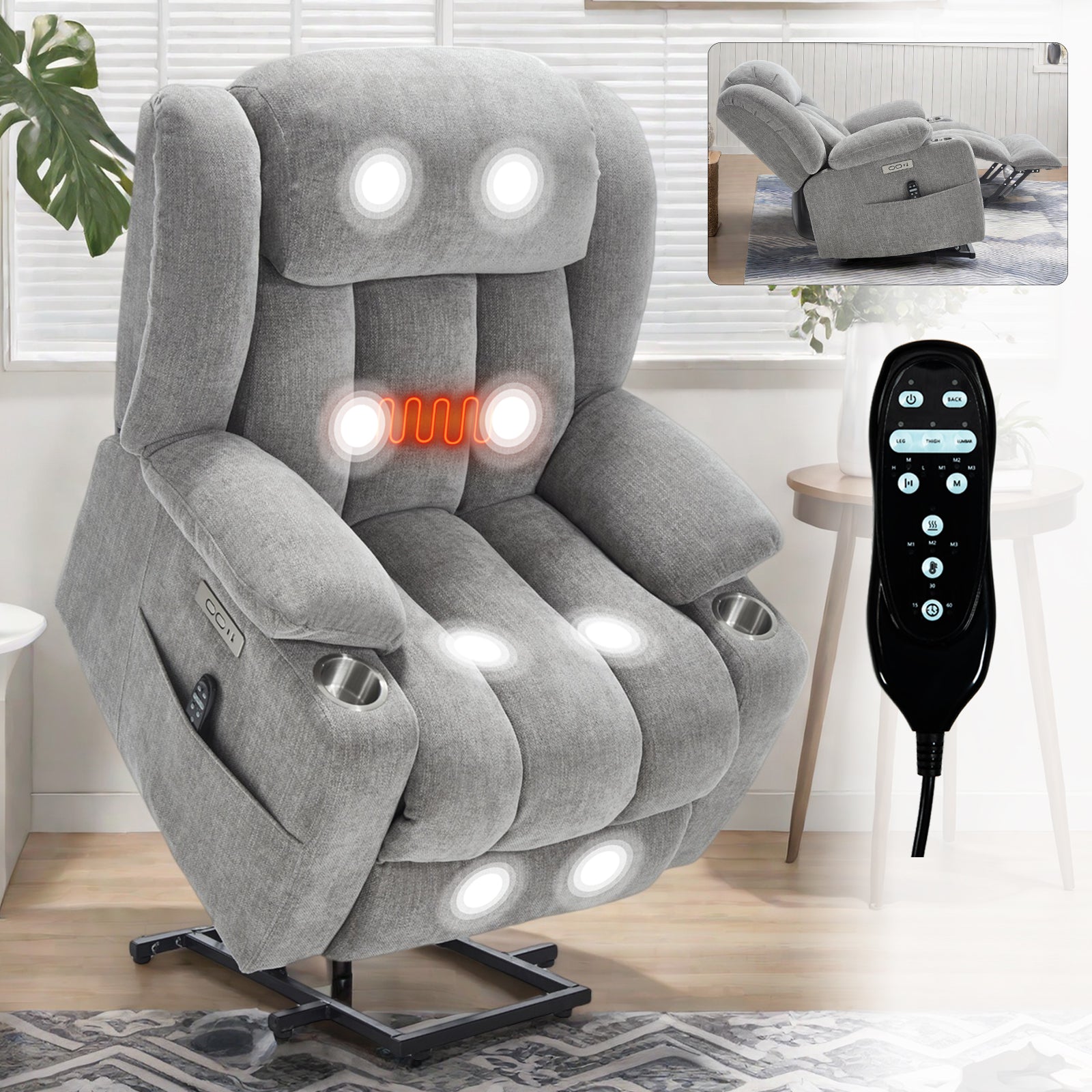 Homrest Premium Electric Recliner Chair with 8-Point Massage & Heating, Plush Chenille Fabric, Gray