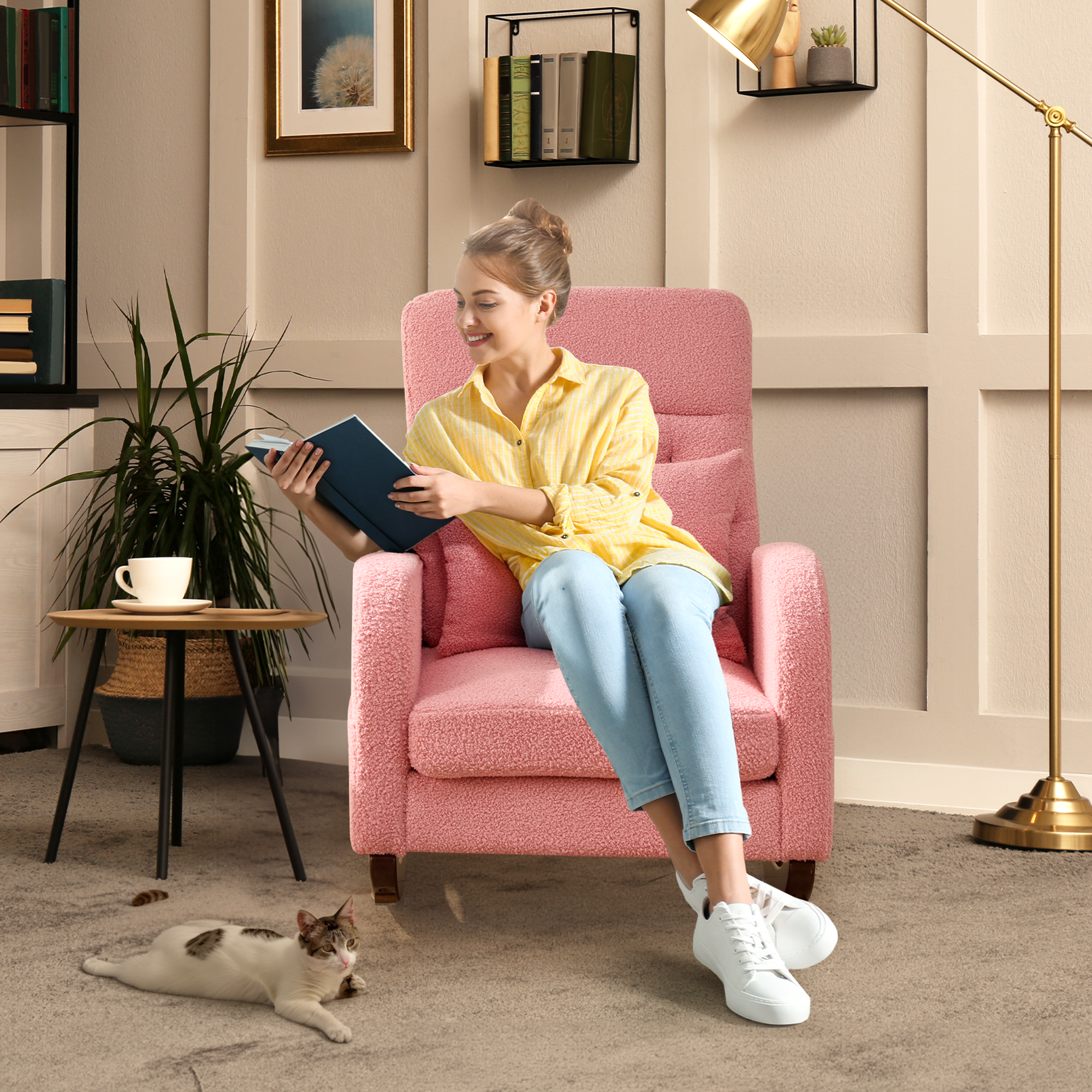 Homrest Teddy Fleece Low Seat Rocking Chair with Blanket & Lumber Pillow, Nursery Glider Chair with Side Pockets