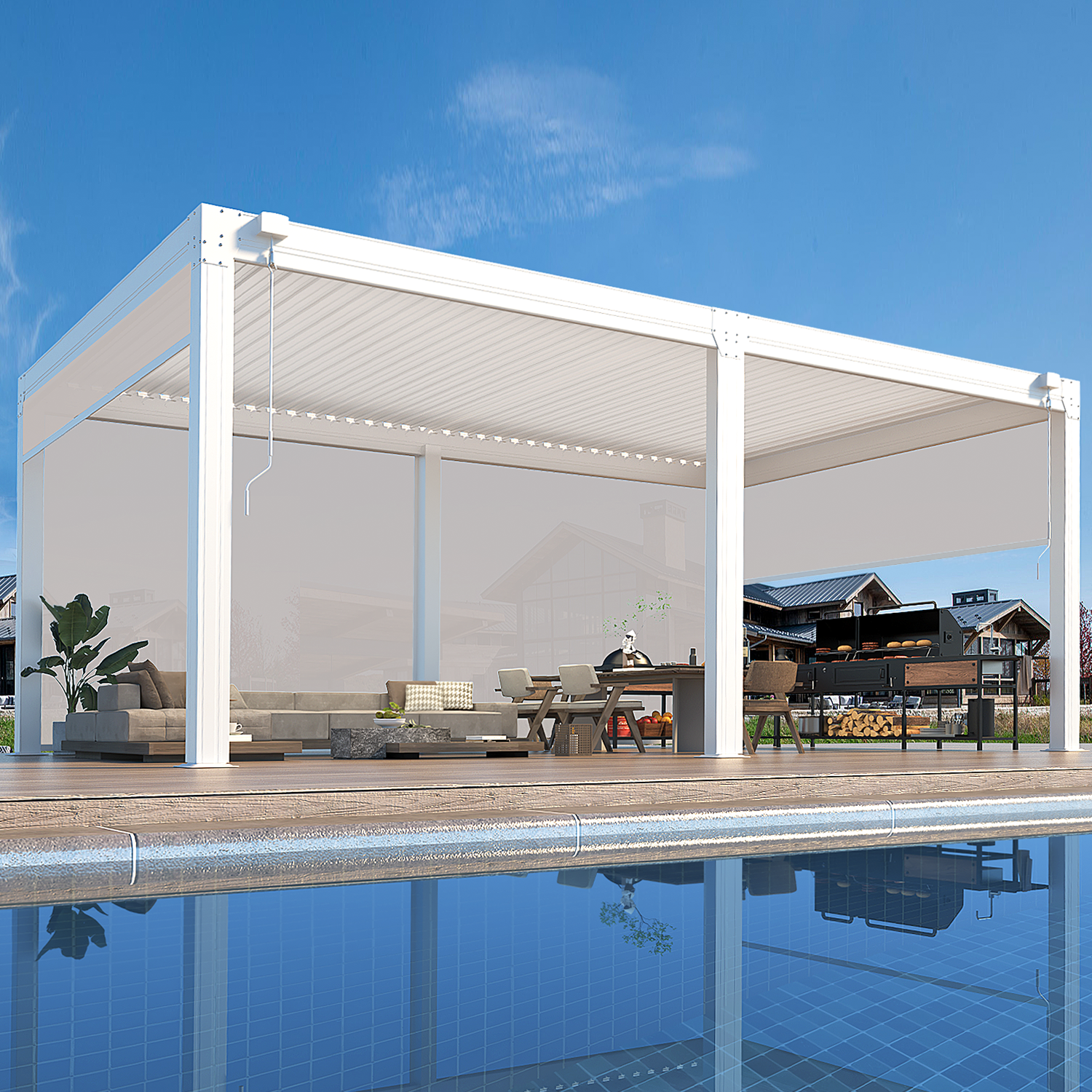 HOMREST 12x20ft Louvered Pergola with 6-Panel Pull-Down Screen, White