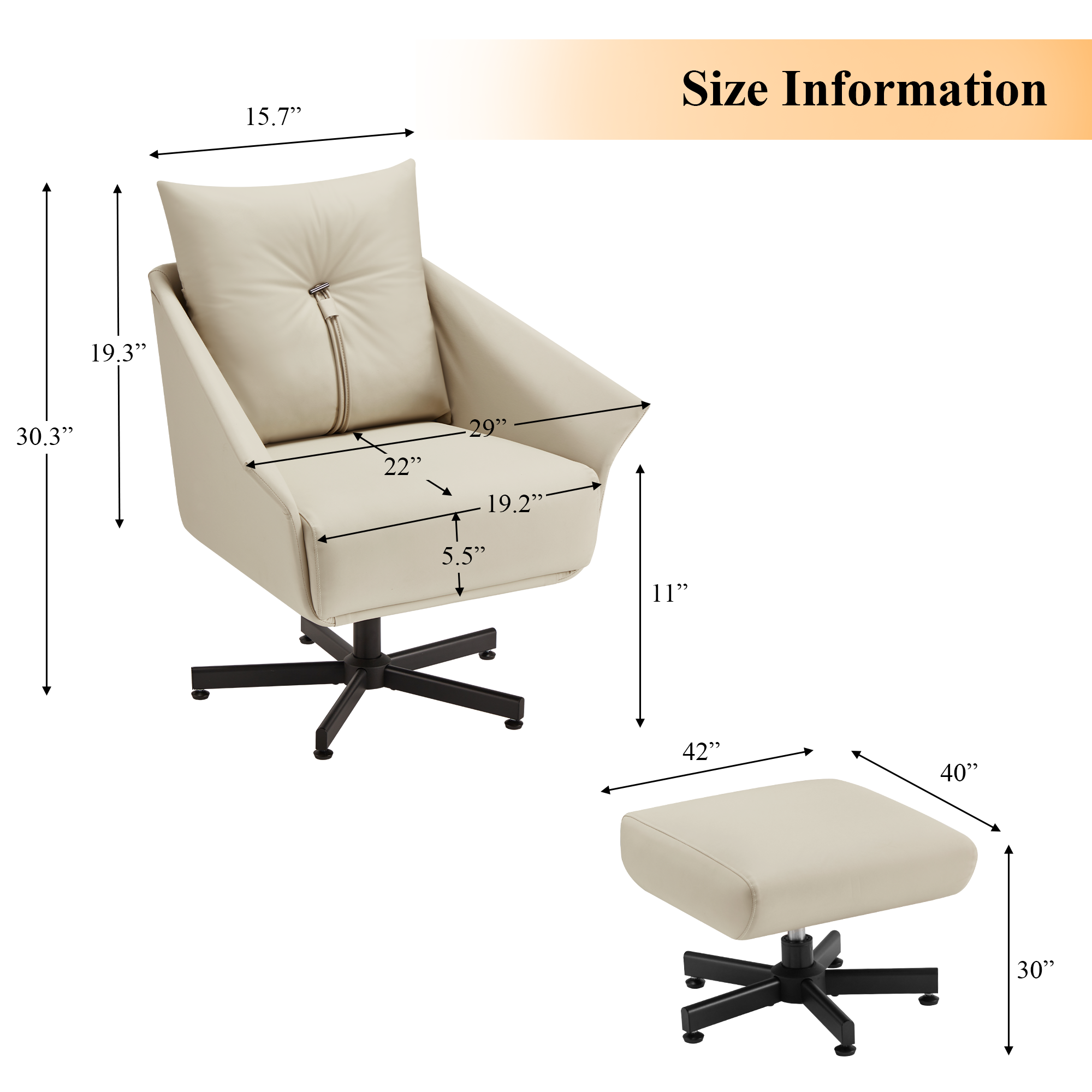 Swivel Lazy Chair with Ottoman, Home Desk Chair with Soft Faux Leather Pillow for Living Room, Beige