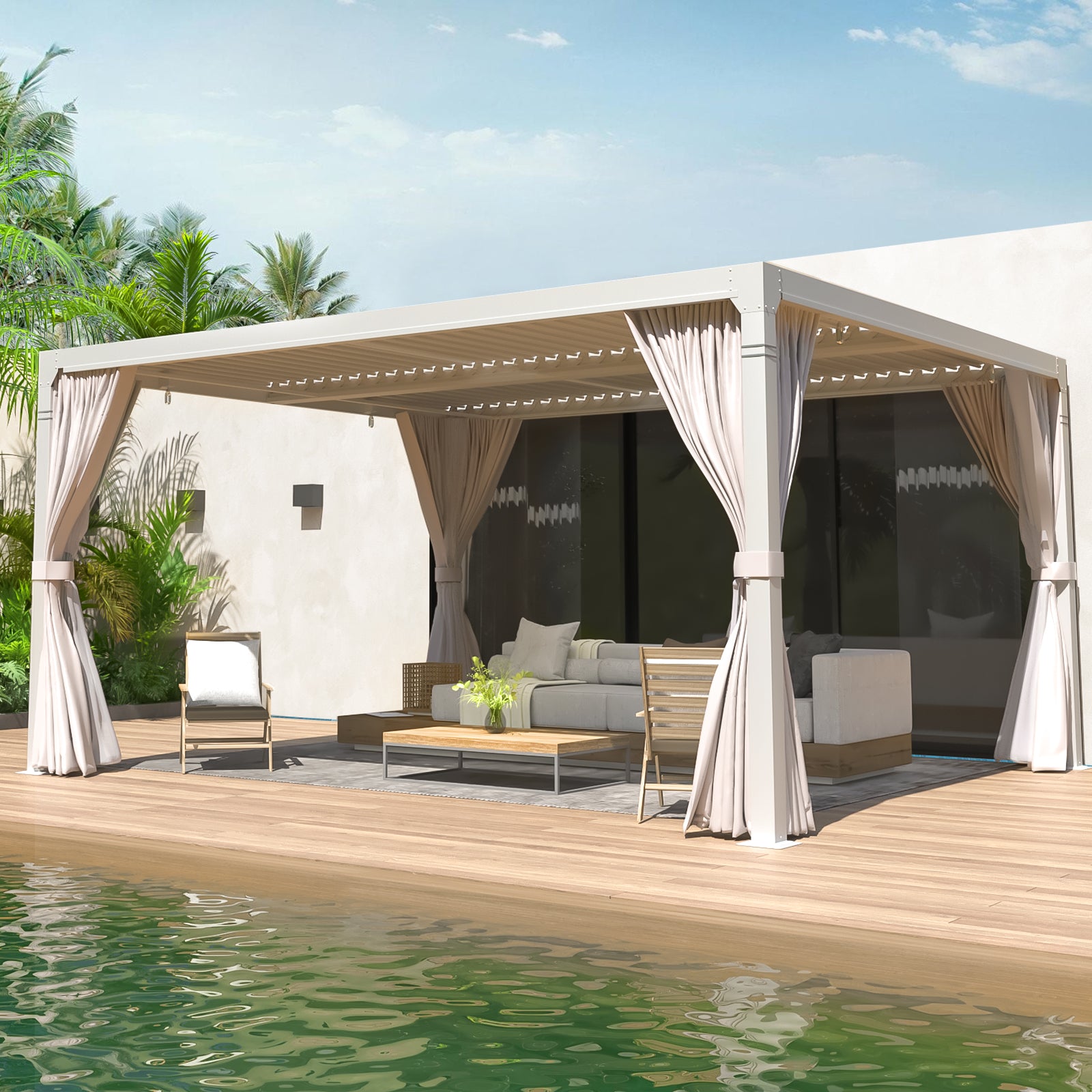 HOMREST Louvered Pergola 10x12 Outdoor Hard Top Pergola with Aluminum Frame and Adjustable Metal Rainproof Roof for Garden & Patio, Curtains and Netting Included, White