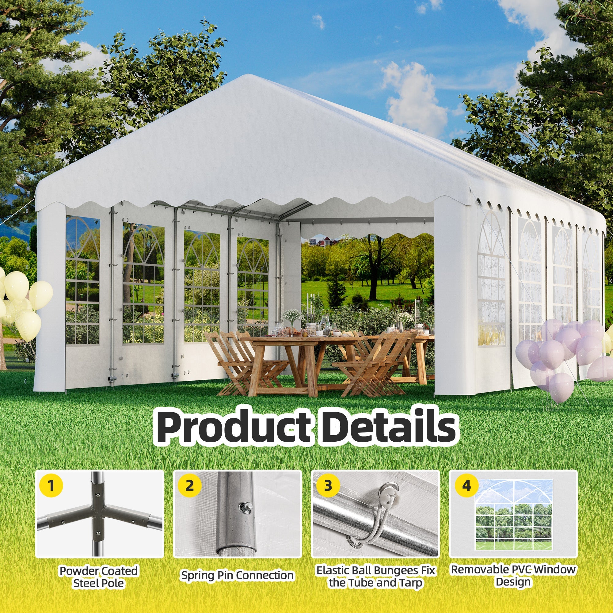 HOMREST 20x30 Ft Heavy Duty Party Tent Gazebo For Events Weddings BBQs Removable Sidewall Windows Storage Bags Included White