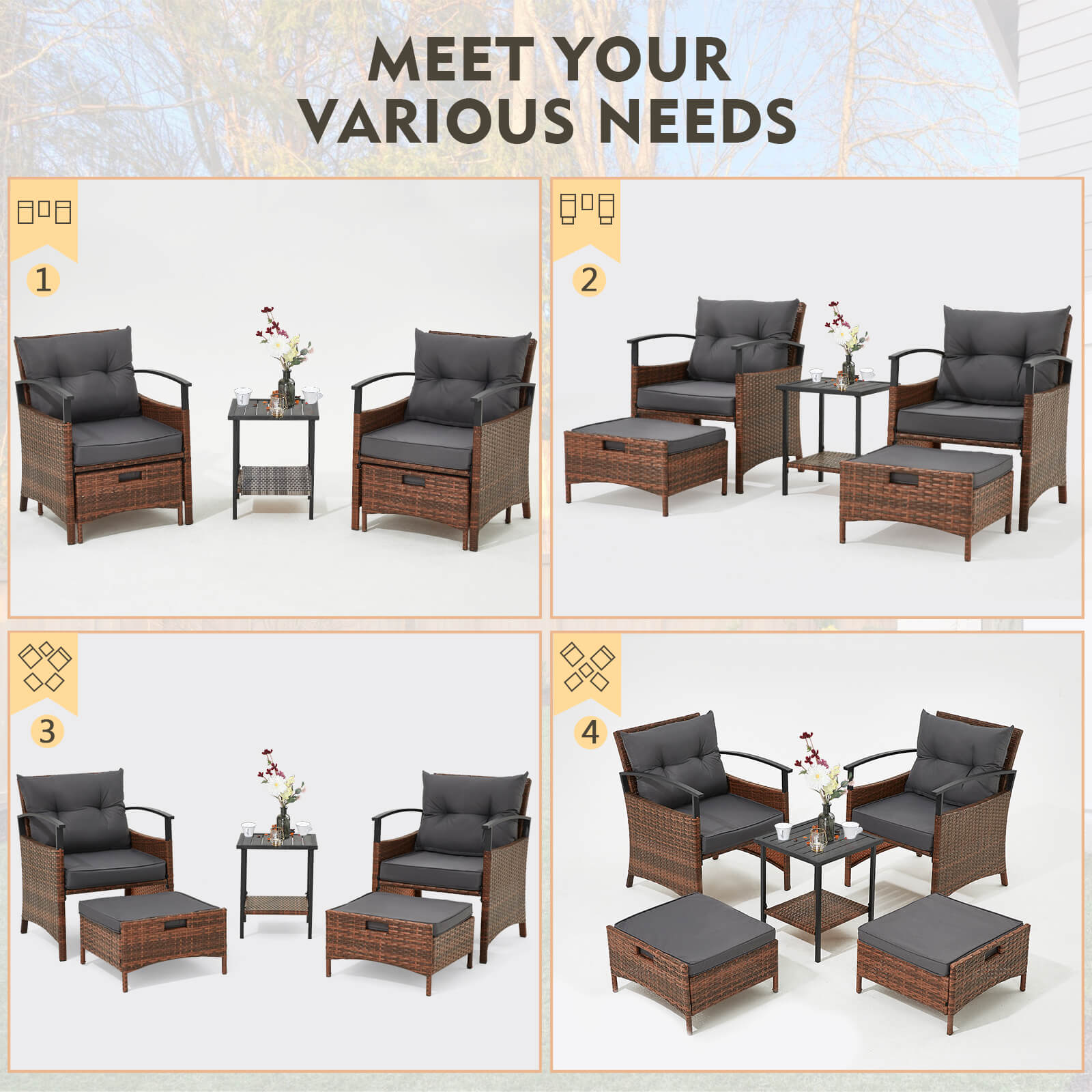 HOMREST 5 Pieces Patio Furniture Set, Outdoor Rattan Chairs with Metal Coffee Table, Ottomans & Soft Cushions, Wicker Conversation Bistro Set, Dark Gray