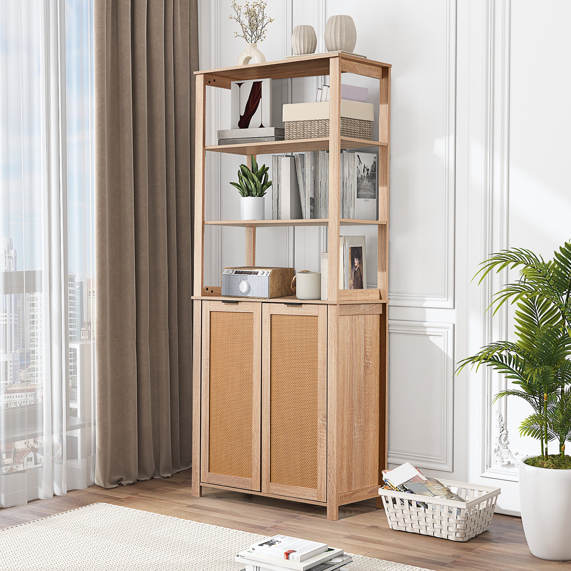 HOMREST Rattan Bookcase with cabinet, Heavy Duty Freestanding Bookcase With Storage Open Display, Beige