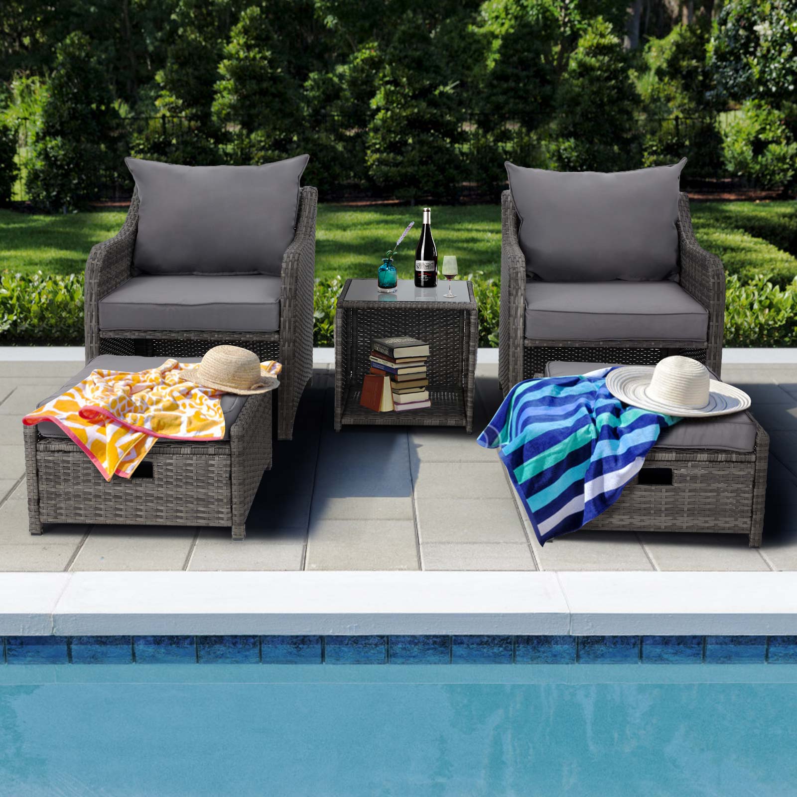 Homrest 5 Pcs outdoor wicker chair set with ottoman for porch and poolside, gray