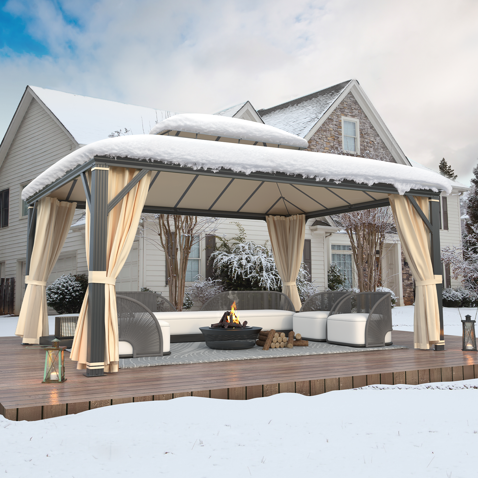 Homrest 12' x 16' Hardtop Gazebo, Permanent Outdoor Aluminum Patio Gazebo, Double Roof, Patio and Garden, Curtains and Netting