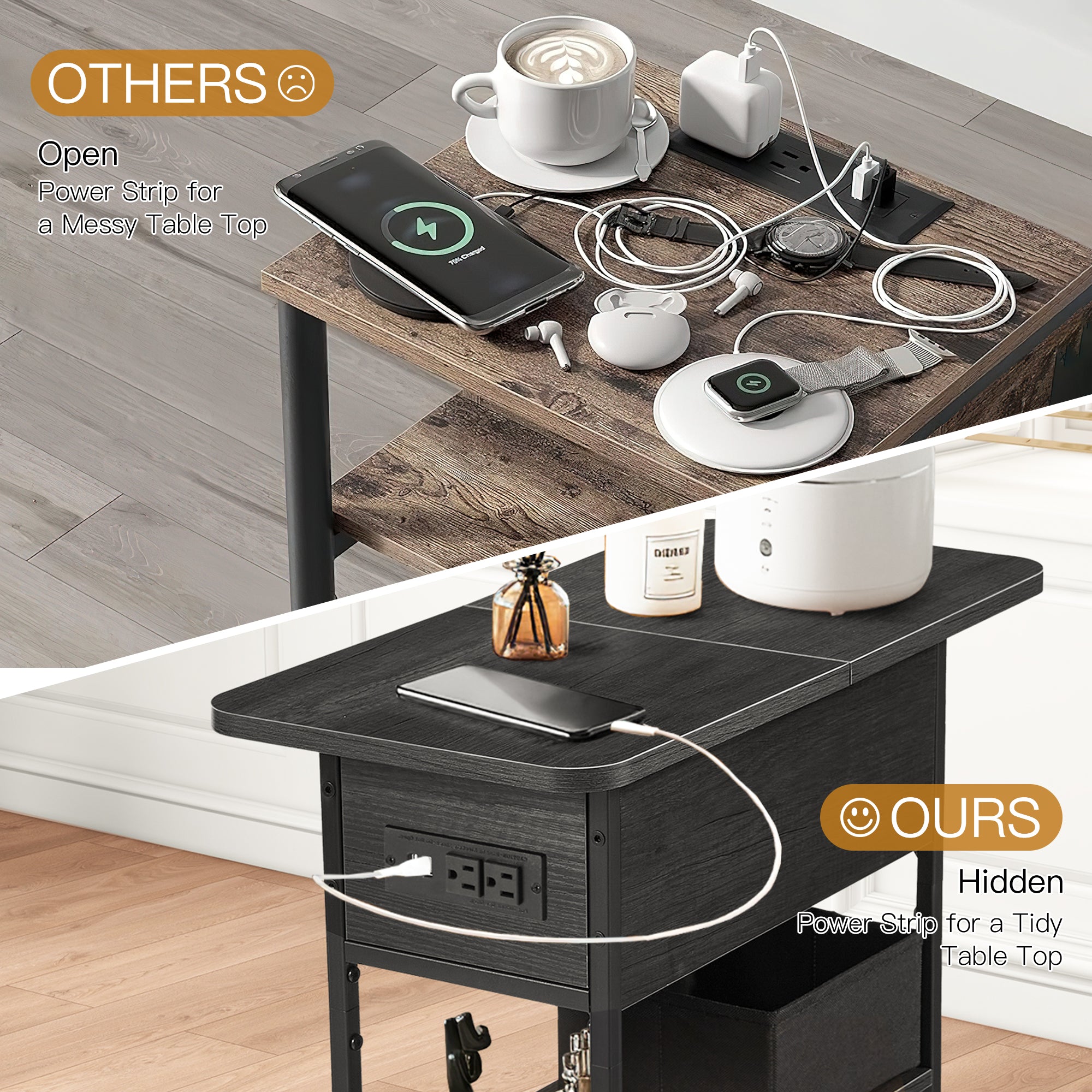 HOMREST Multi-Functional Flip Side Table, 360° Swivel Wheels & Storage Shelf for Living Room/Bedroom, Rustic Brown Wood End Table, Black