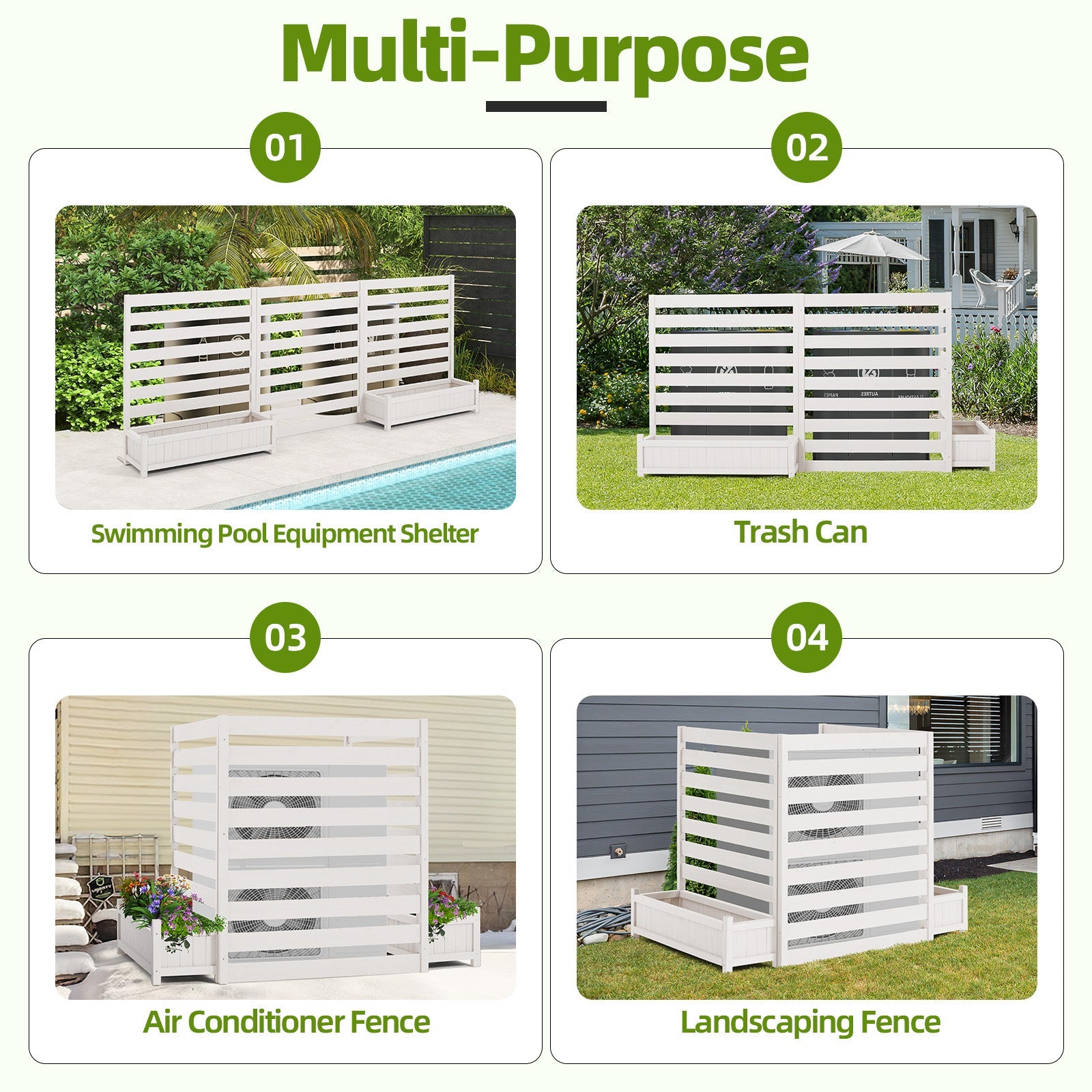HOMREST 3 Panels No-Dig AC Unit Privacy Fence with Planter Box, 33" W x 39" H, Durable Outdoor Wood Screen to Hide AC & Trash with Floral Bed White