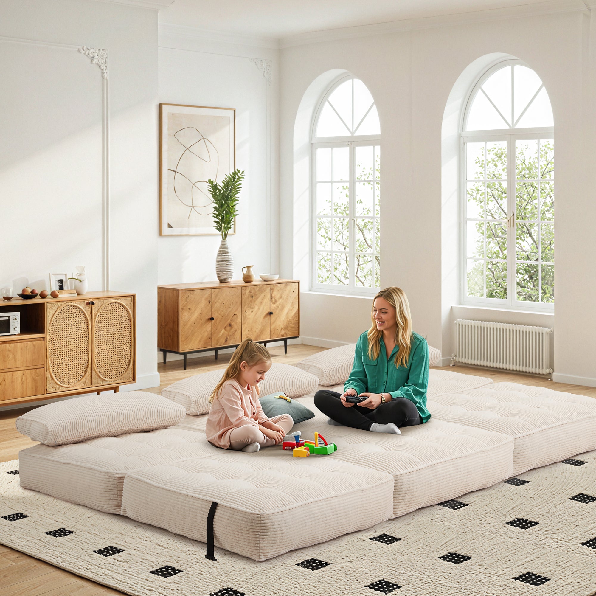 HOMREST 3-Piece Modular Sectional Sofa, Convertible Lounge Set – Foldable Couch Bed, Beige