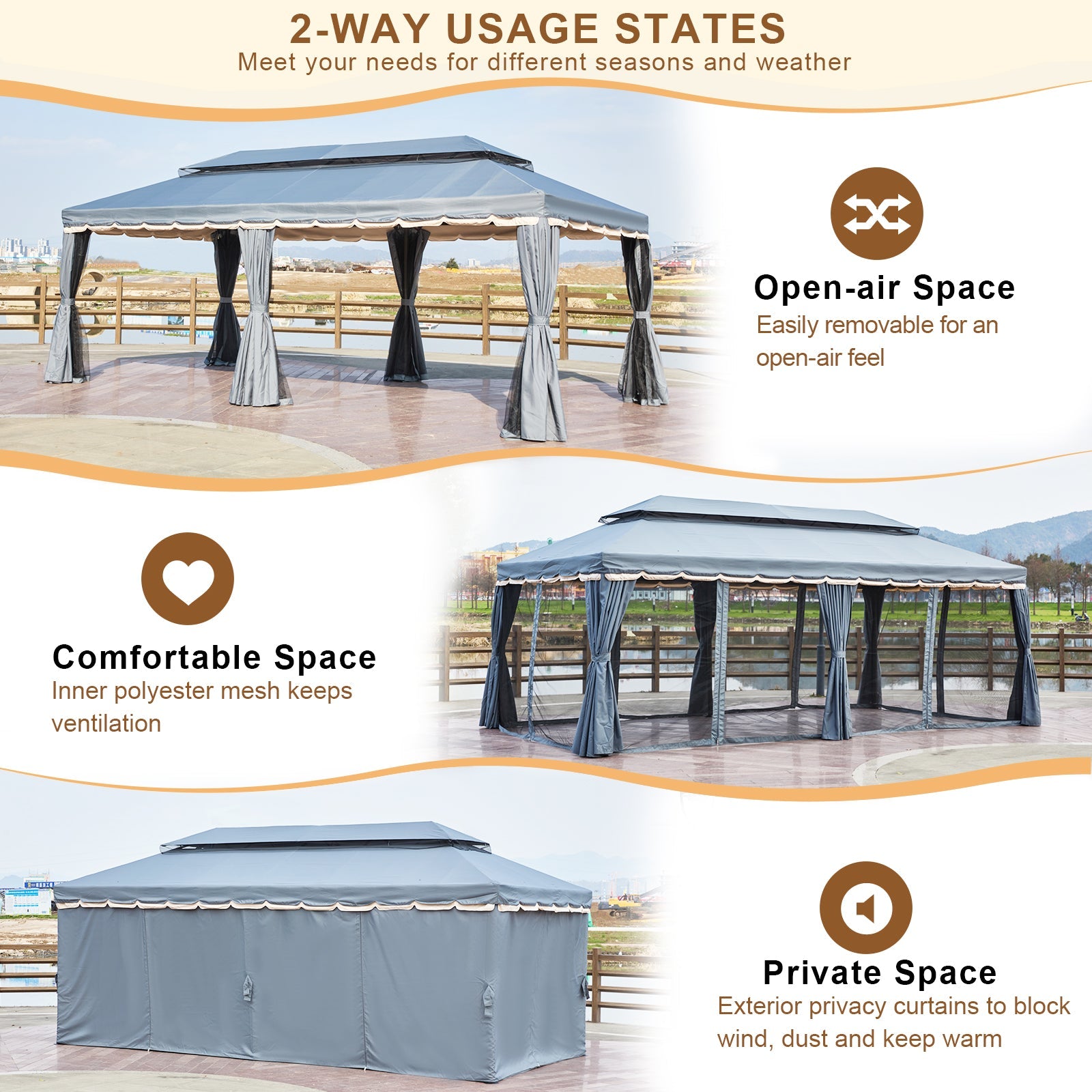 Homrest 10x20 Outdoor Canopy Gazebo with Netting and Shade Curtains, Grey