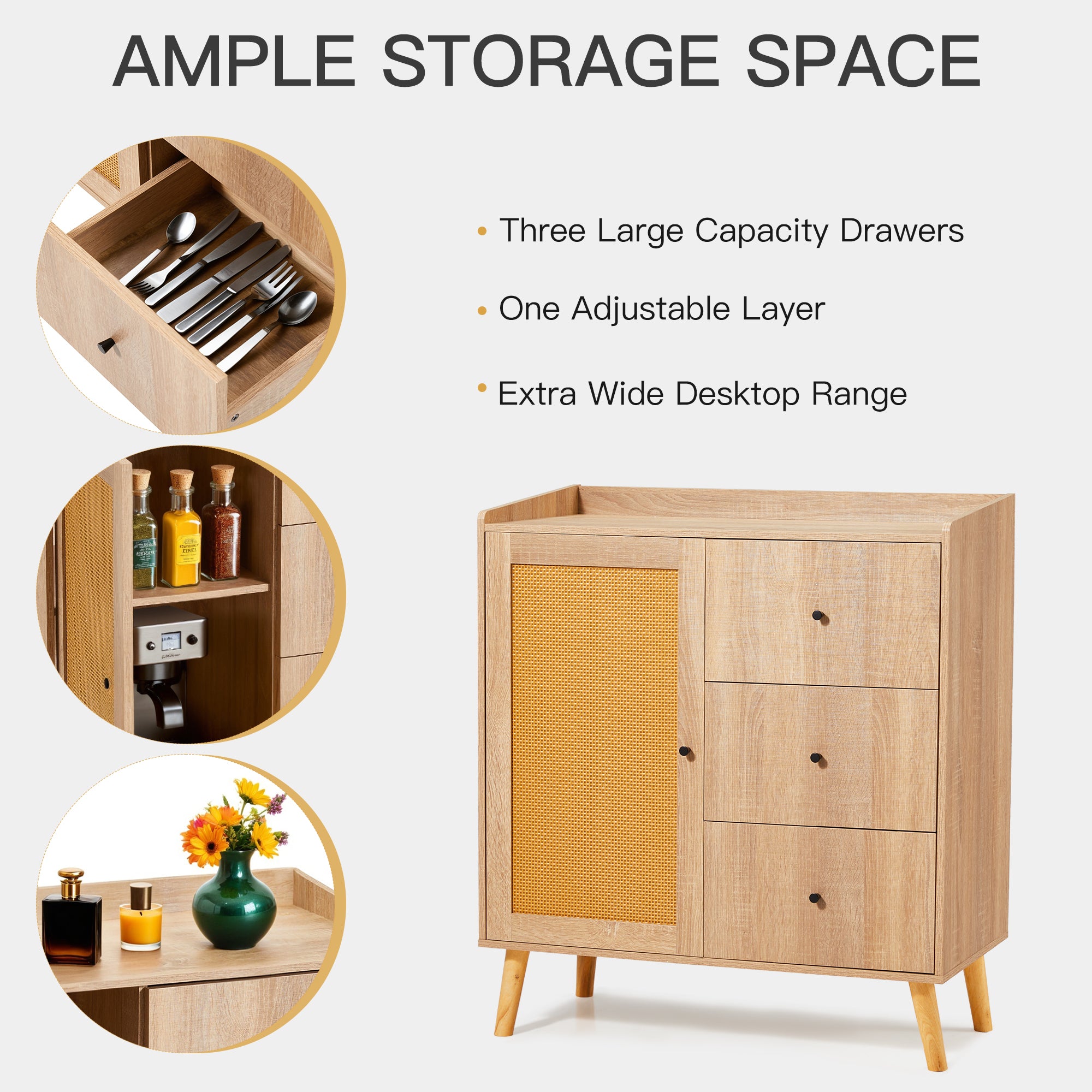 HOMREST Modern Cabinet with Rattan Door and 3 Drawers